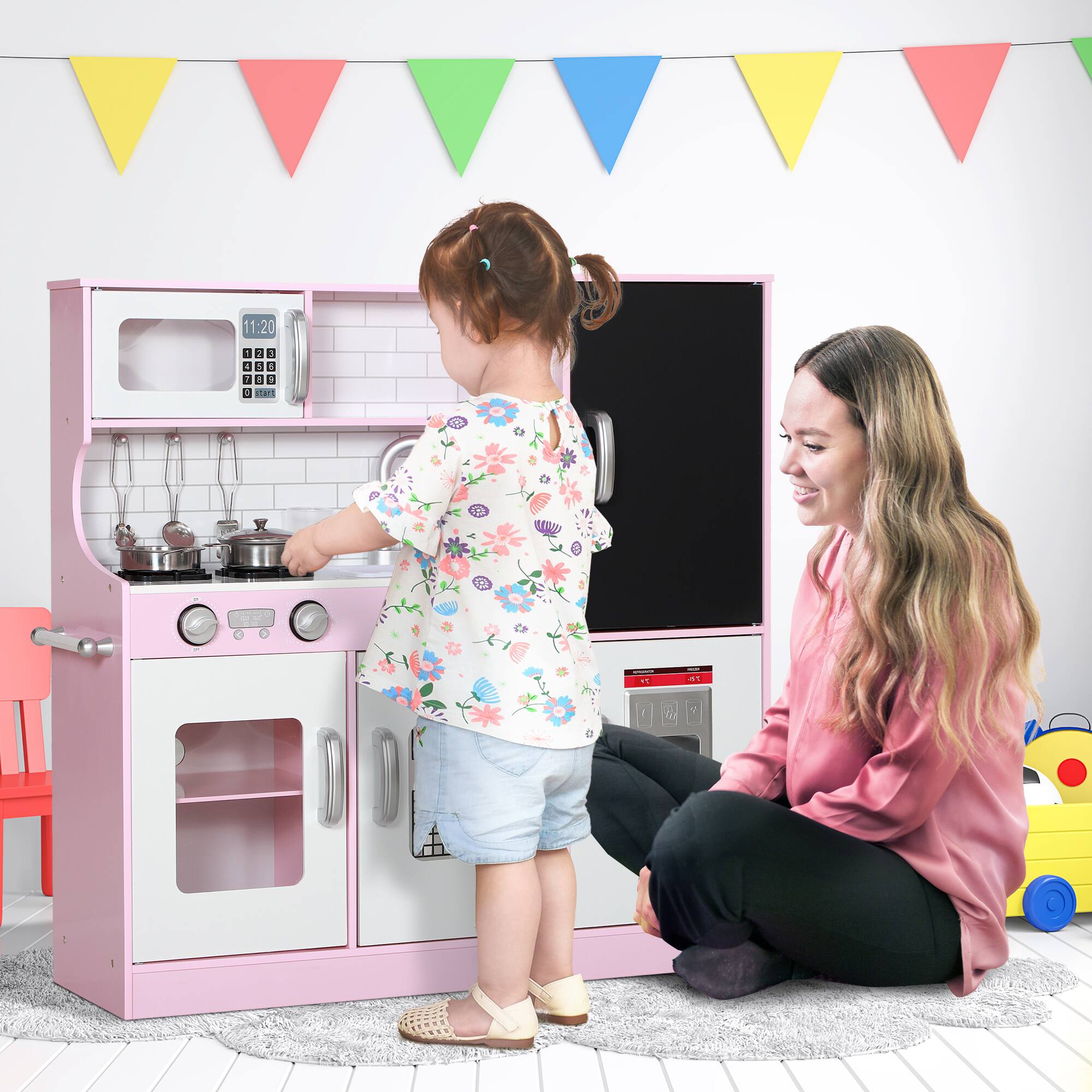 Angle. Dexmalle - Dexmalle-Kids Kitchen Playset with Play Phone, Chalkboard, Towel Rack, Ice Maker-Pink.