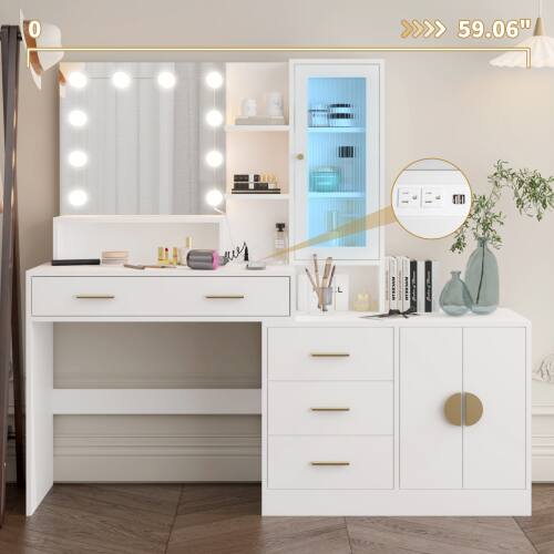 Alt View 1. Winado - Vanity Table Dressing Desk Makeup with LED Lighted Mirro & RGB Led Drawer Cabinet & Built in Safety Charging Station - White.