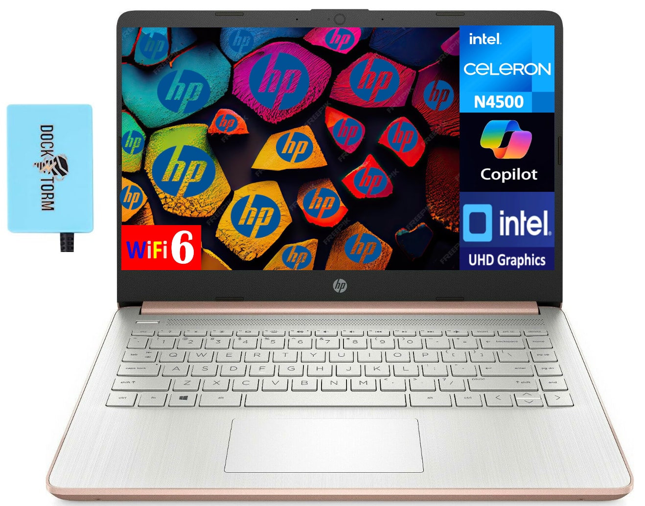 HP - 14 Laptop 14.0 HD (Intel Celeron N4500, 16GB DDR4, 1TB PCIe SSD, Intel UHD, Win 11 Pro) w/USB Hub - Pale Rose Gold Natural Silver