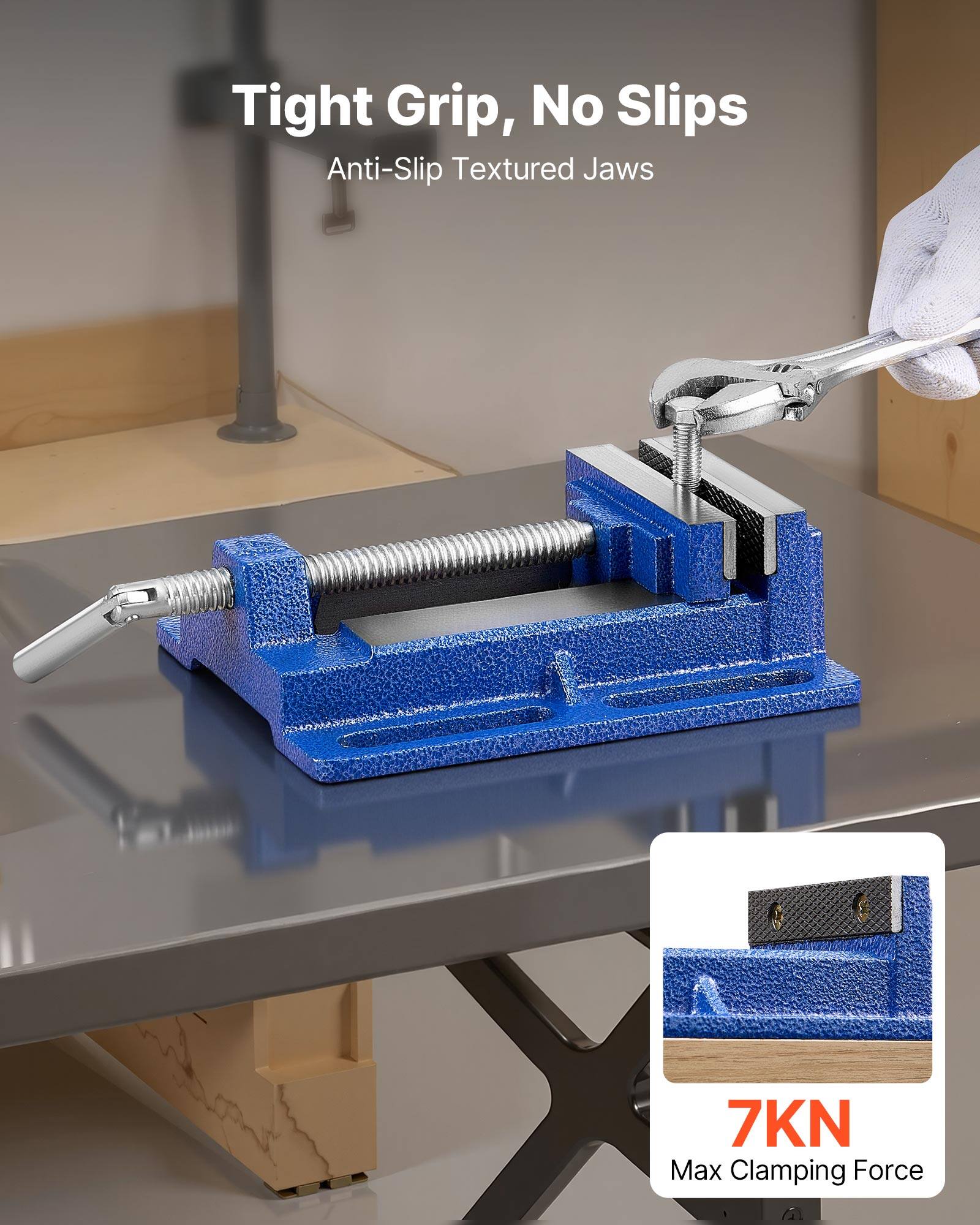 Tight Grip, No Slips  
Anti-Slip Textured Jaws  

7KN Max Clamping Force