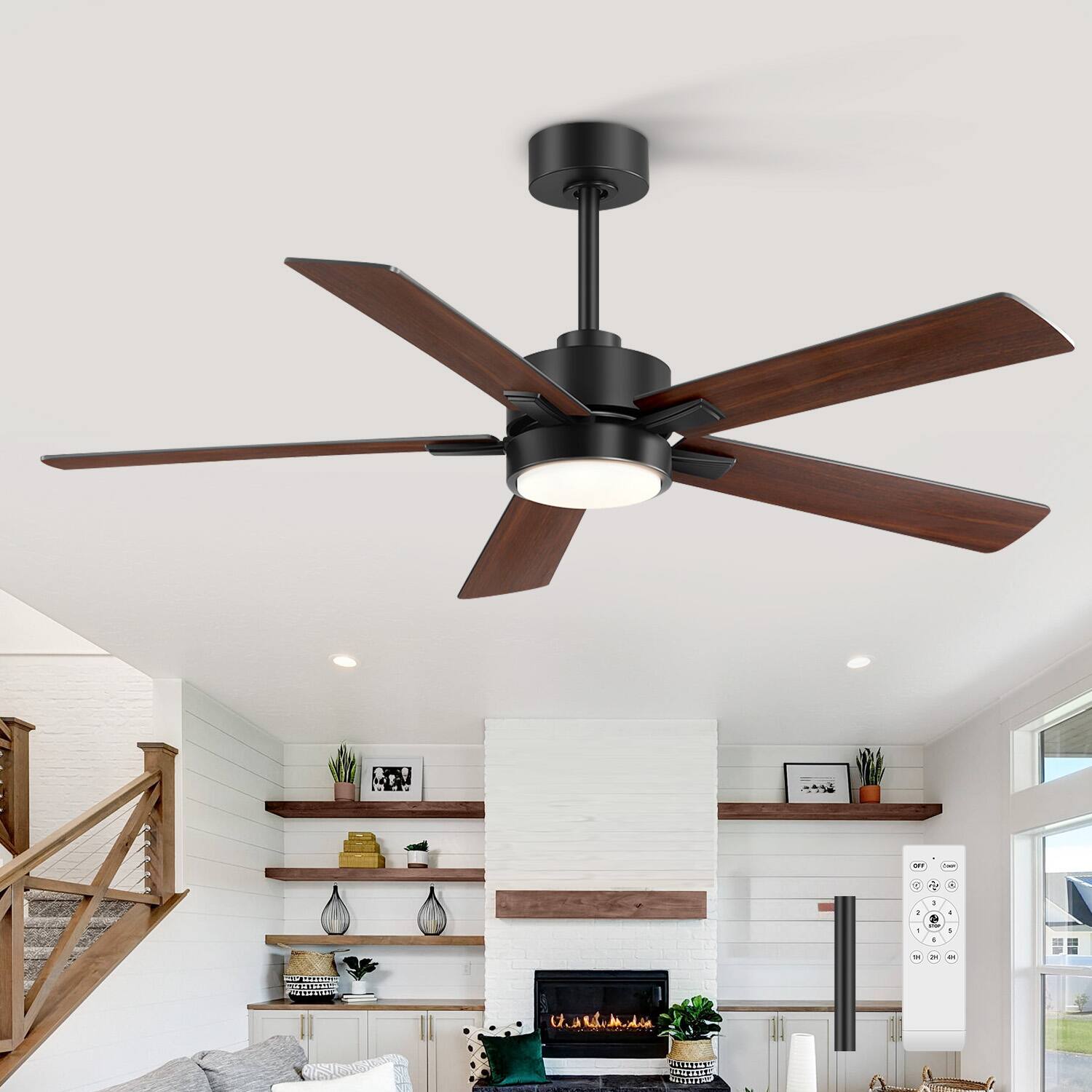 Breezary - 52" Modern Indoor Ceiling Fan with LED Light, 5 Reversible Plywood Blades, 6-Speed DC Motor, Remote, Timer, 5" Downrod - Matte Black and Two-tone Wood Grain
