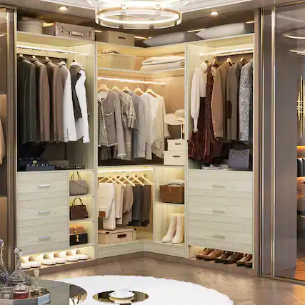 Front. Aheaplus - L Shaped Closet System with 4 Drawers, 4 Hanging Rods, and Corner Tower, 80.9'' Corner Wardrobe System, Reversible - Beige Oak.