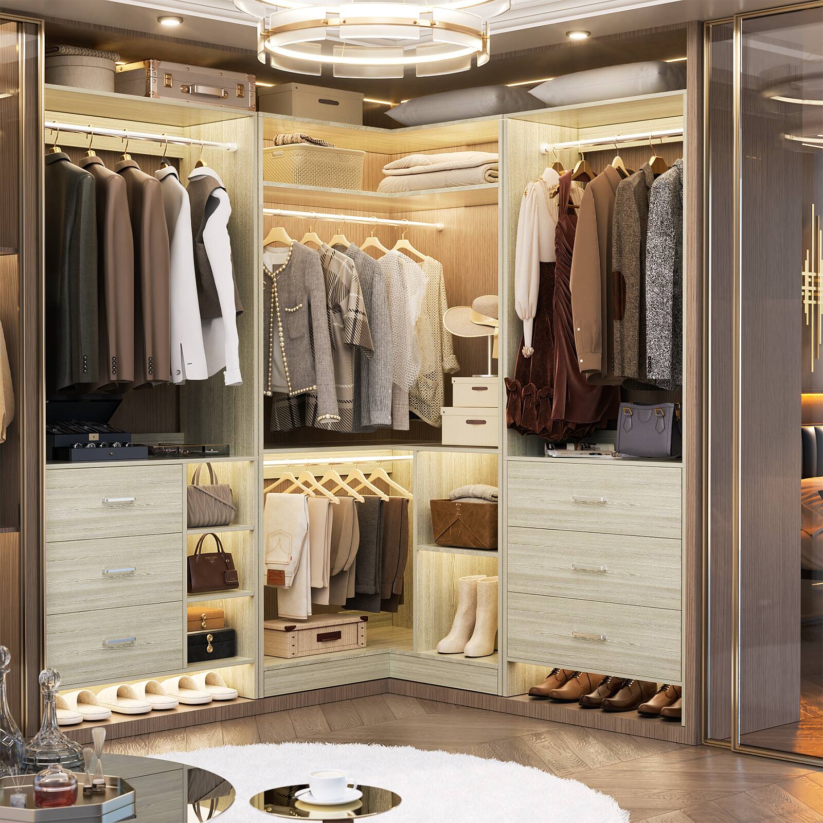 Aheaplus - L Shaped Closet System with 4 Drawers, 4 Hanging Rods, and Corner Tower, 80.9'' Corner Wardrobe System, Reversible - Beige Oak