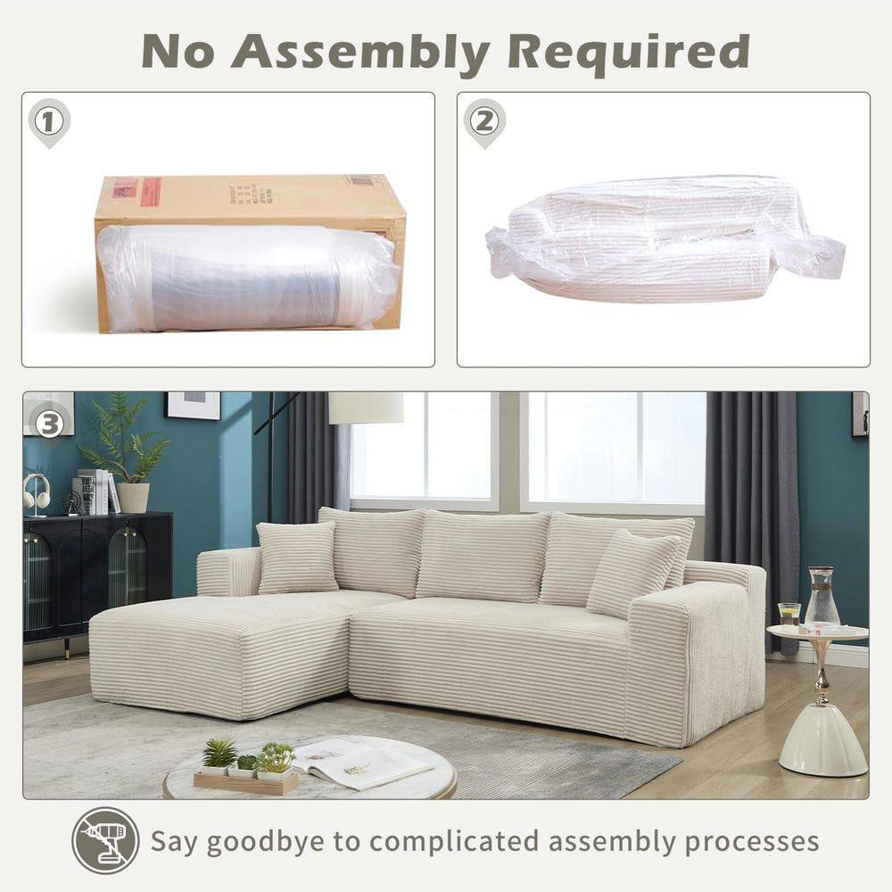 No Assembly Required

1. [Image of a box with a rolled-up item]
2. [Image of a cushion]
3. [Image of a fully assembled sofa]

Say goodbye to complicated assembly processes