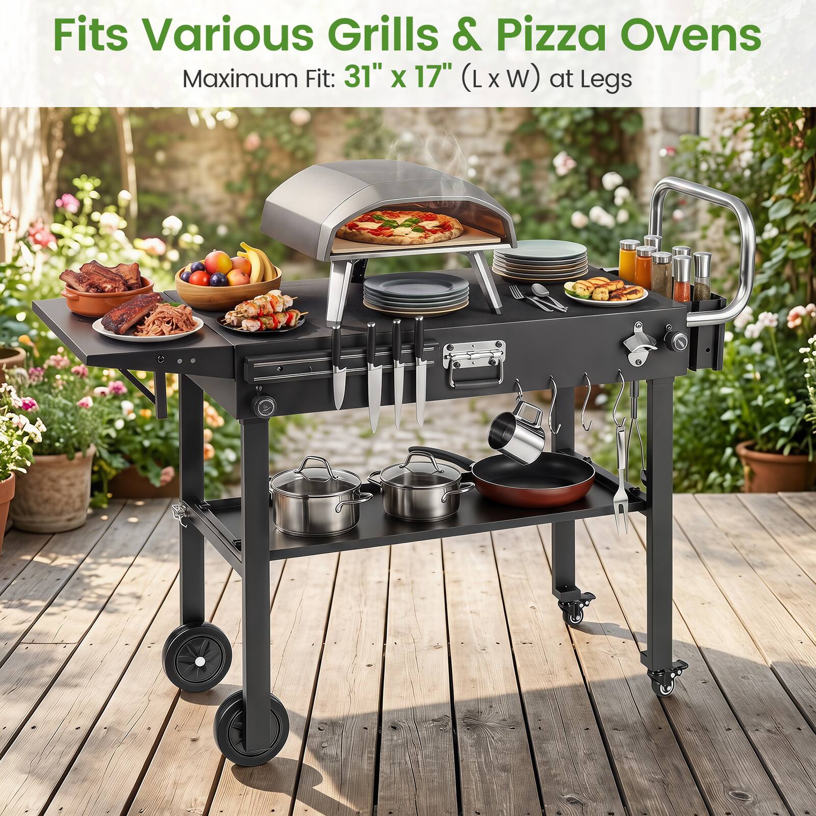 Fits Various Grills & Pizza Ovens  
Maximum Fit: 31" x 17" (L x W) at Legs