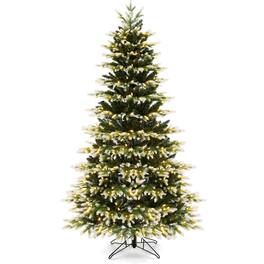 Costway - 7 FT Pre-Lit Christmas Tree 3 Modes Hinged with Quick Power Connector & 500 Lights - Green/White