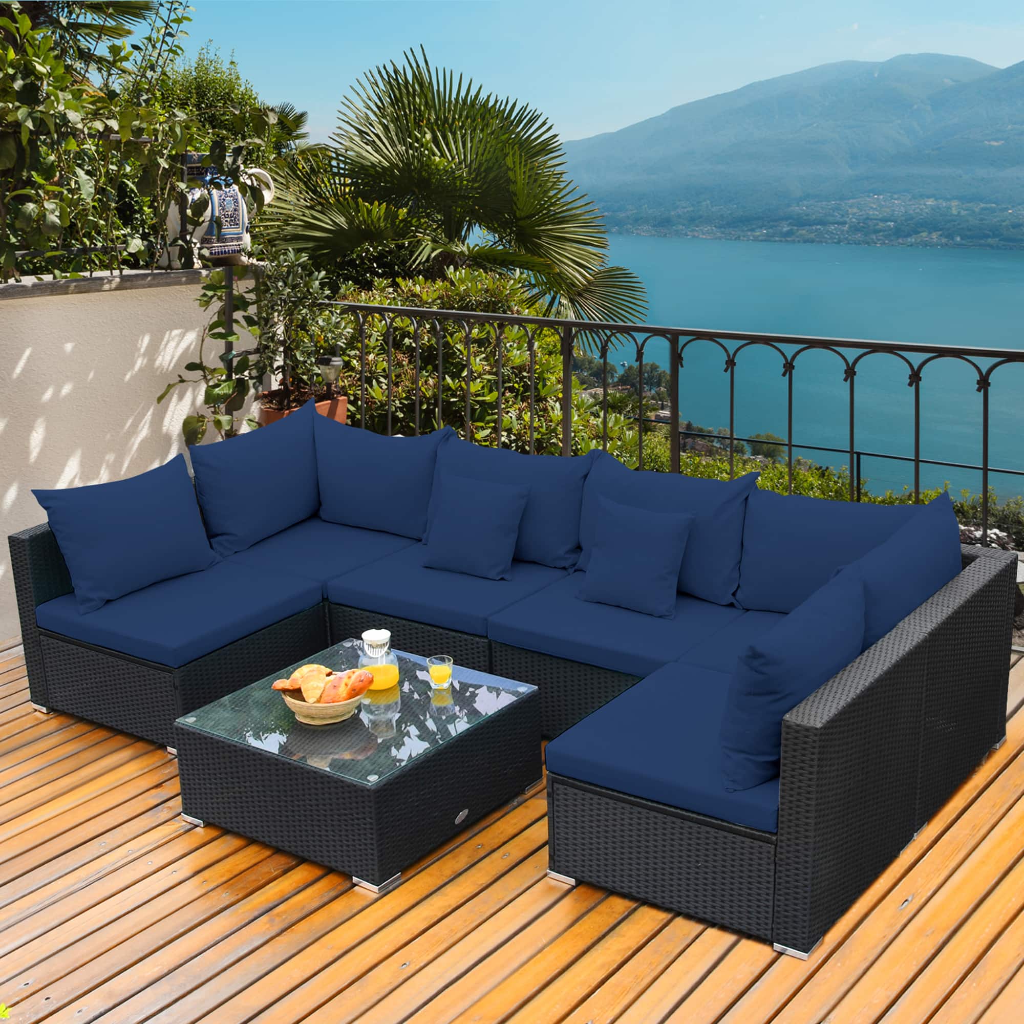 Gymax - 7PCS Rattan Patio Conversation Set Sectional Furniture Set w/ Navy Cushion - Navy Blue
