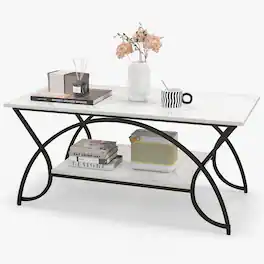 Costway - 2-Tier Industrial Coffee Table Rectangular Cocktail Table with Storage Shelf - White