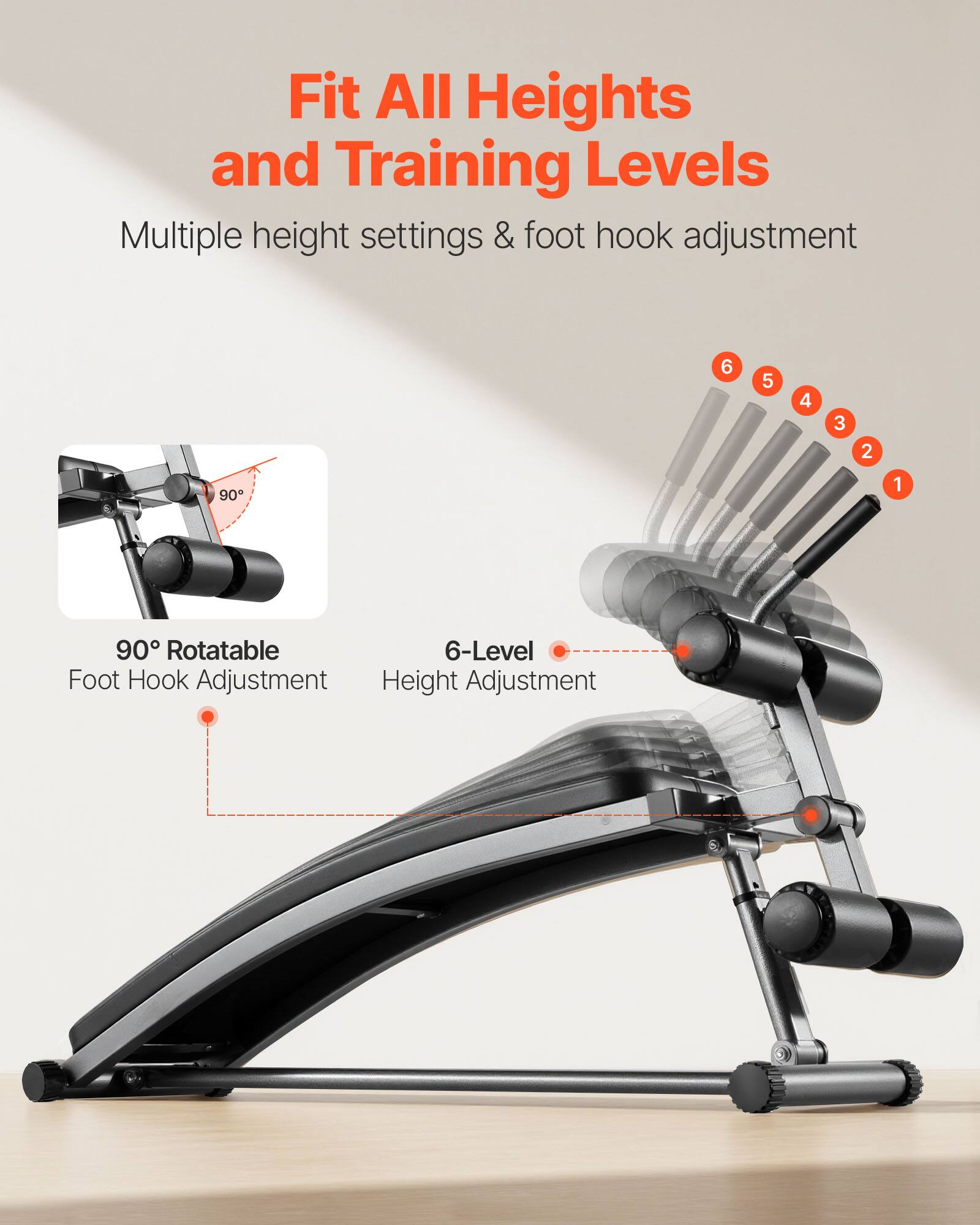 Fit All Heights and Training Levels

Multiple height settings & foot hook adjustment

90° Rotatable Foot Hook Adjustment

6-Level Height Adjustment