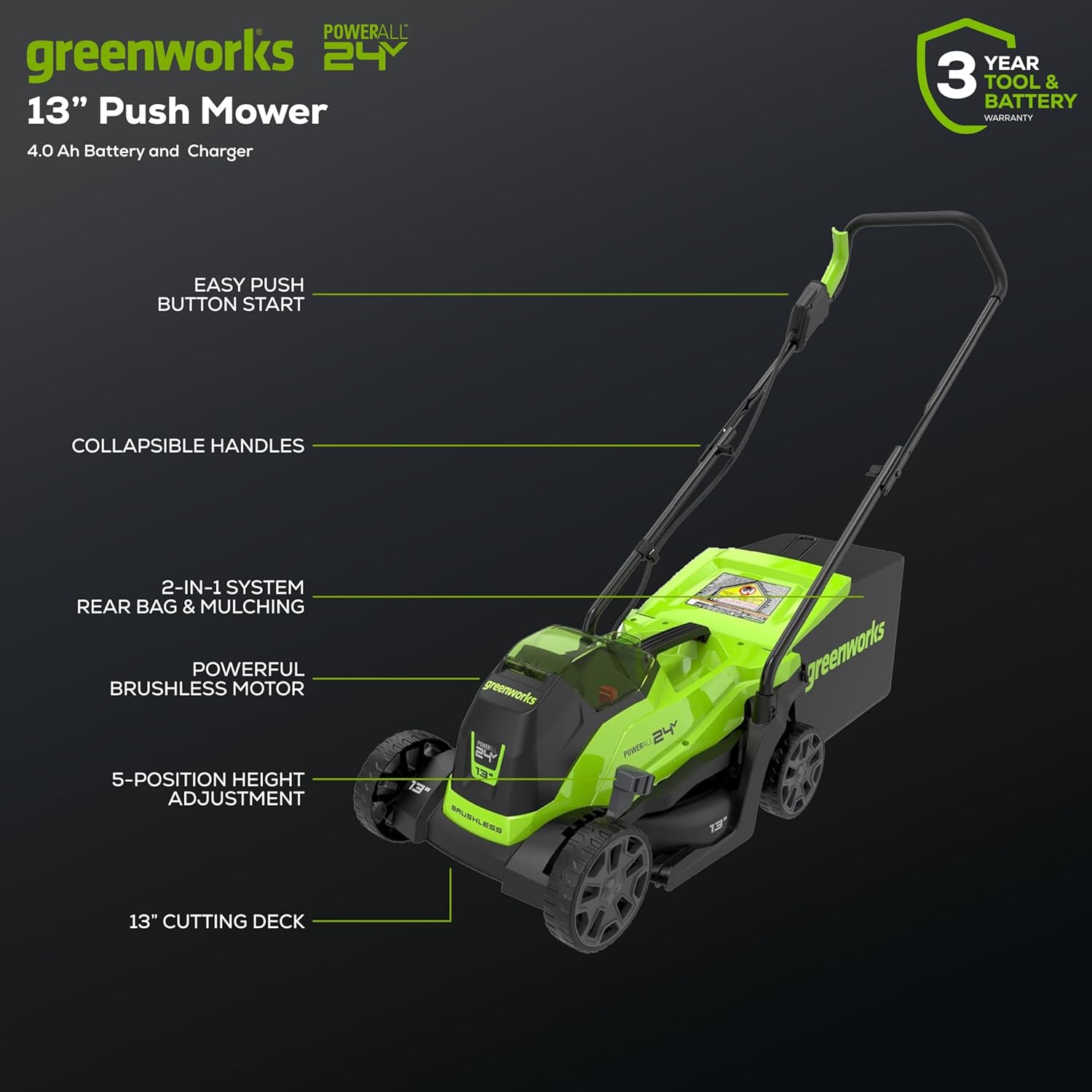 POWERALL greenworks 24V 13" Push Mower  
4.0 Ah Battery and Charger  
3 YEAR TOOL & BATTERY WARRANTY  
EASY PUSH BUTTON START  
COLLAPSIBLE HANDLES  
2-IN-1 SYSTEM REAR BAG & MULCHING  
POWERFUL BRUSHLESS MOTOR  
5-POSITION HEIGHT ADJUSTMENT  
13" CUTTING DECK