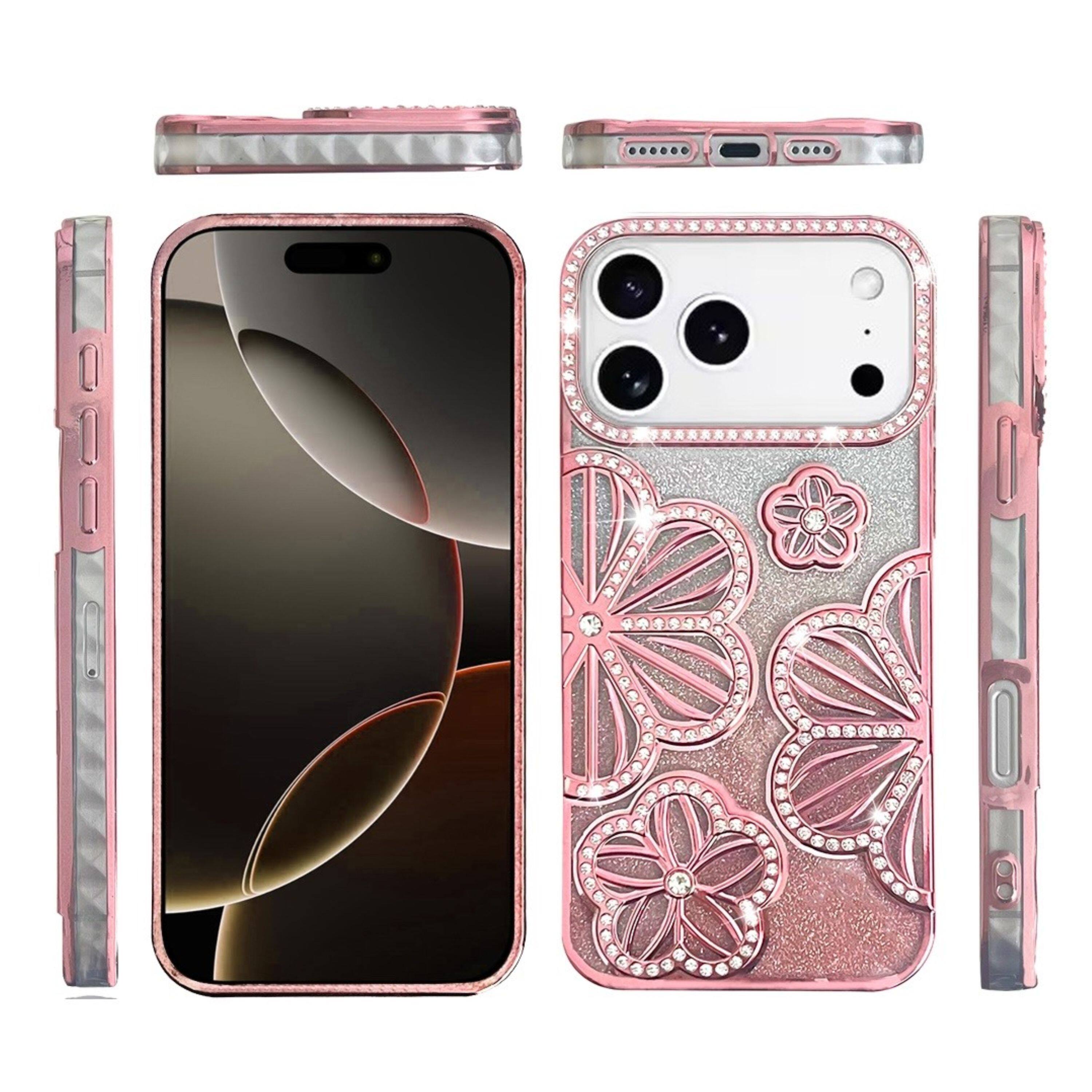 Left. Kitcheniva - 3D Floral Glitter TPU Phone Case With Tempered Glass For iPhone 17 Pro Rose Gold - Rose Gold.