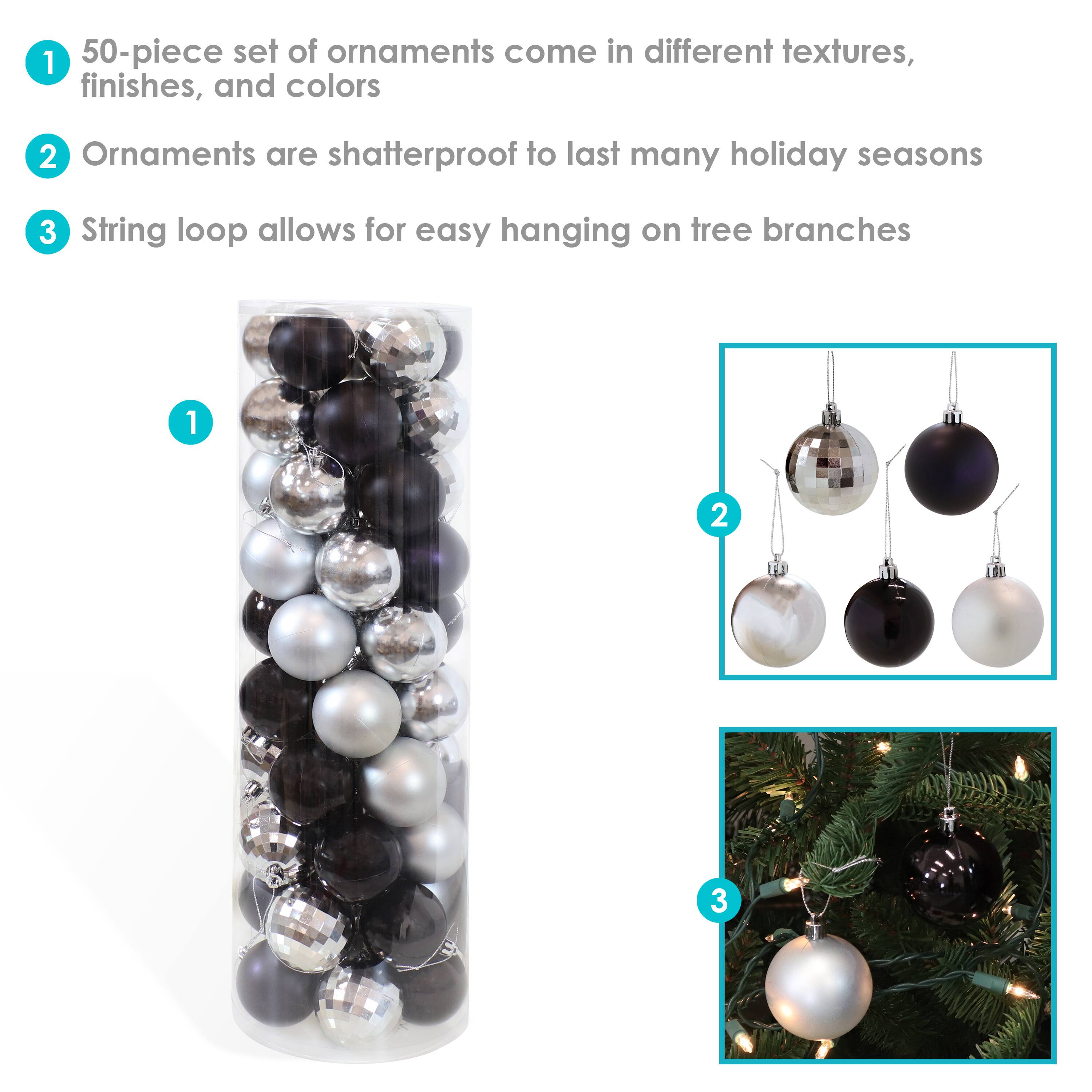 1. 50-piece set of ornaments come in different textures, finishes, and colors
2. Ornaments are shatterproof to last many holiday seasons
3. String loop allows for easy hanging on tree branches