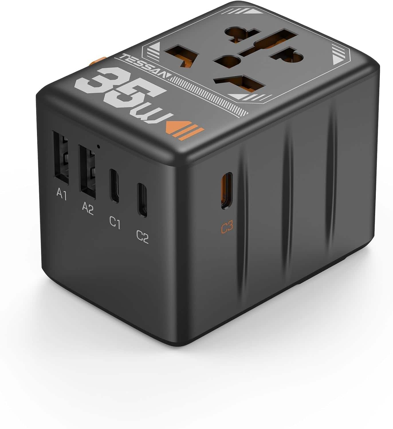 Wikistore - 35W Universal Travel Adapter with 5 USB Ports Worldwide Plug Type C G A I - Black