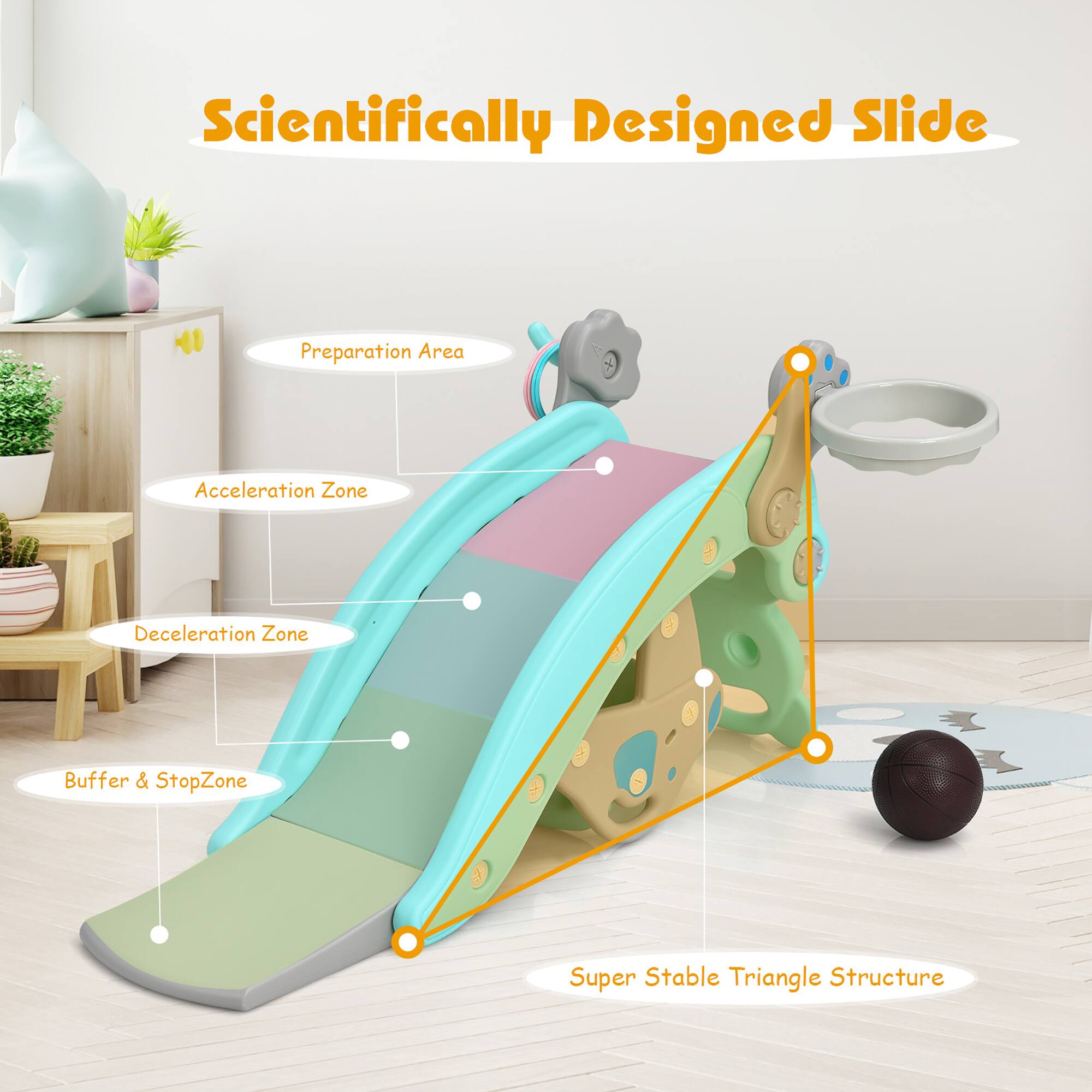 Scientifically Designed Slide

- Preparation Area
- Acceleration Zone
- Deceleration Zone
- Buffer & Stop Zone
- Super Stable Triangle Structure