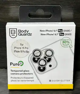 BodyGuardz - Pure 3 Tempered Glass Camera Protector - iPhone 15 Pro/15 Pro Max - Silver Glitter