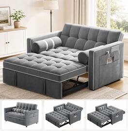 AMADA HOMEFURNISHING - 3-in-1 Convertible Sleeper Sofa Bed, 45.5" Velvet Pull Out Loveseat with USB & Type-C Charging - Gray Velvet