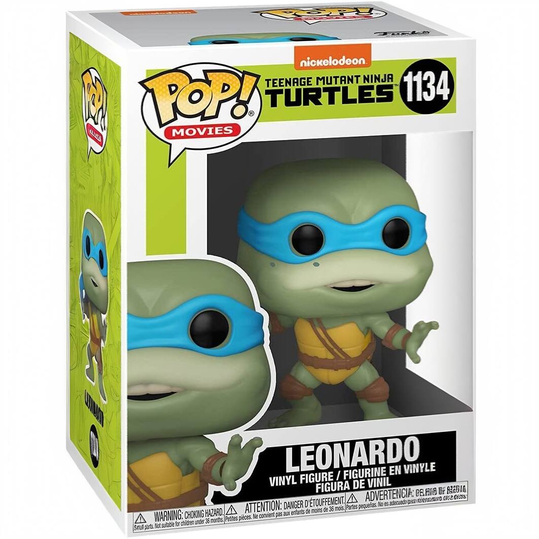 Sure, here is the corrected and grouped text from the image:

---

**Top Left:**
- POP! MOVIES

**Top Right:**
- nickelodeon
- TEENAGE MUTANT NINJA TURTLES
- 1134

**Bottom:**
- LEONARDO
- VINYL FIGURE / FIGURINE EN VINYLE / FIGURA DE VINIL

**Warnings:**
- WARNING: CHOKING HAZARD • ATTENTION: DANGER DE SOUFFLEMENT • ADVERTENCIA: PEQUEÑAS PIEZAS
- Small parts. Not suitable for children under 36 months. Petites pièces. Ne convient pas aux enfants de moins de 36 mois. Pequeñas piezas. No es adecuado para niños menores de 36 meses.

---

This text is organized as it appears on the packaging.