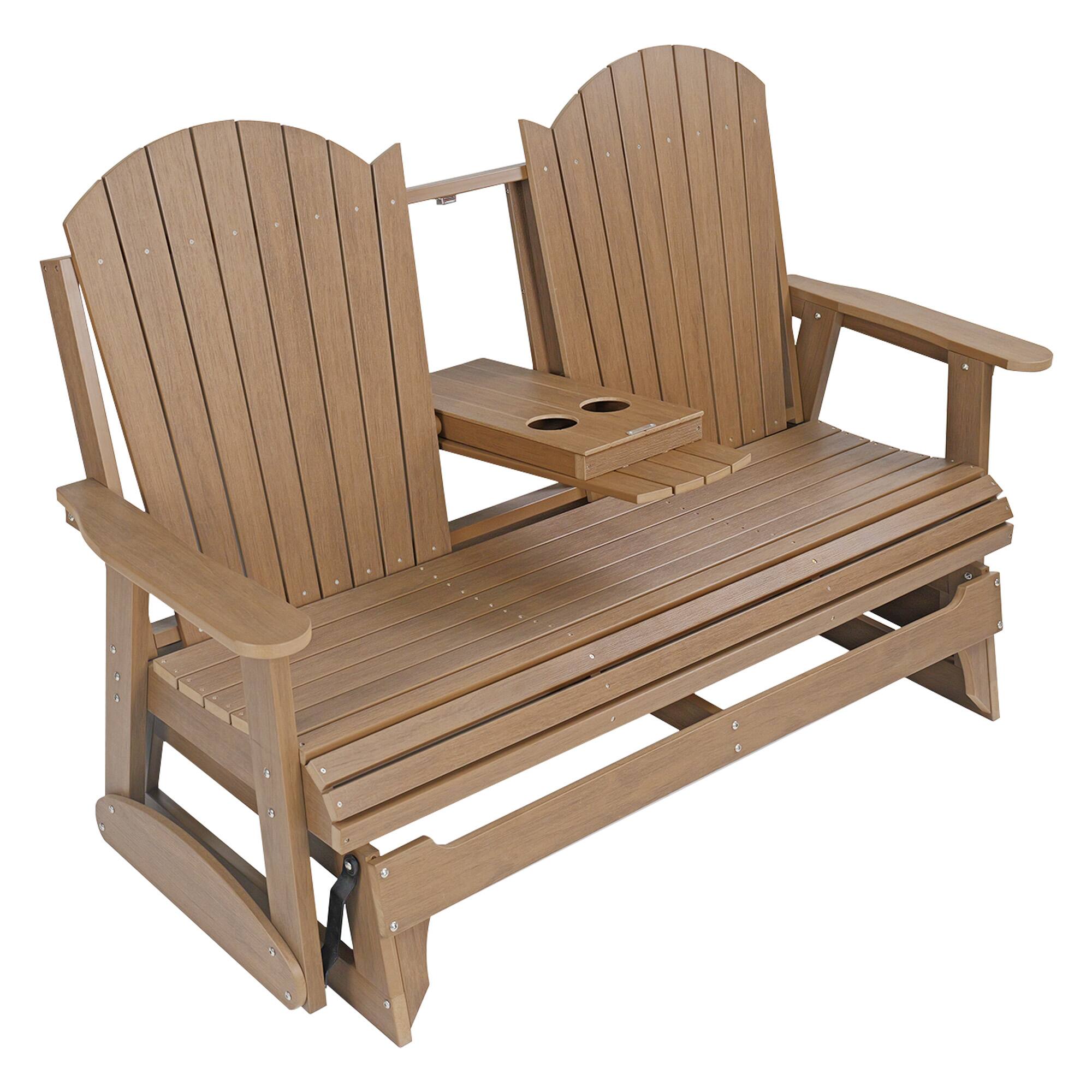 Alt View 4. Fortune Candy - HIPS Poly Lumber Outdoor Patio Glider w/Foldable Cupholders, 900 LB Capacity for Porch Yard Garden (3-Seat,Brown) - Brown.