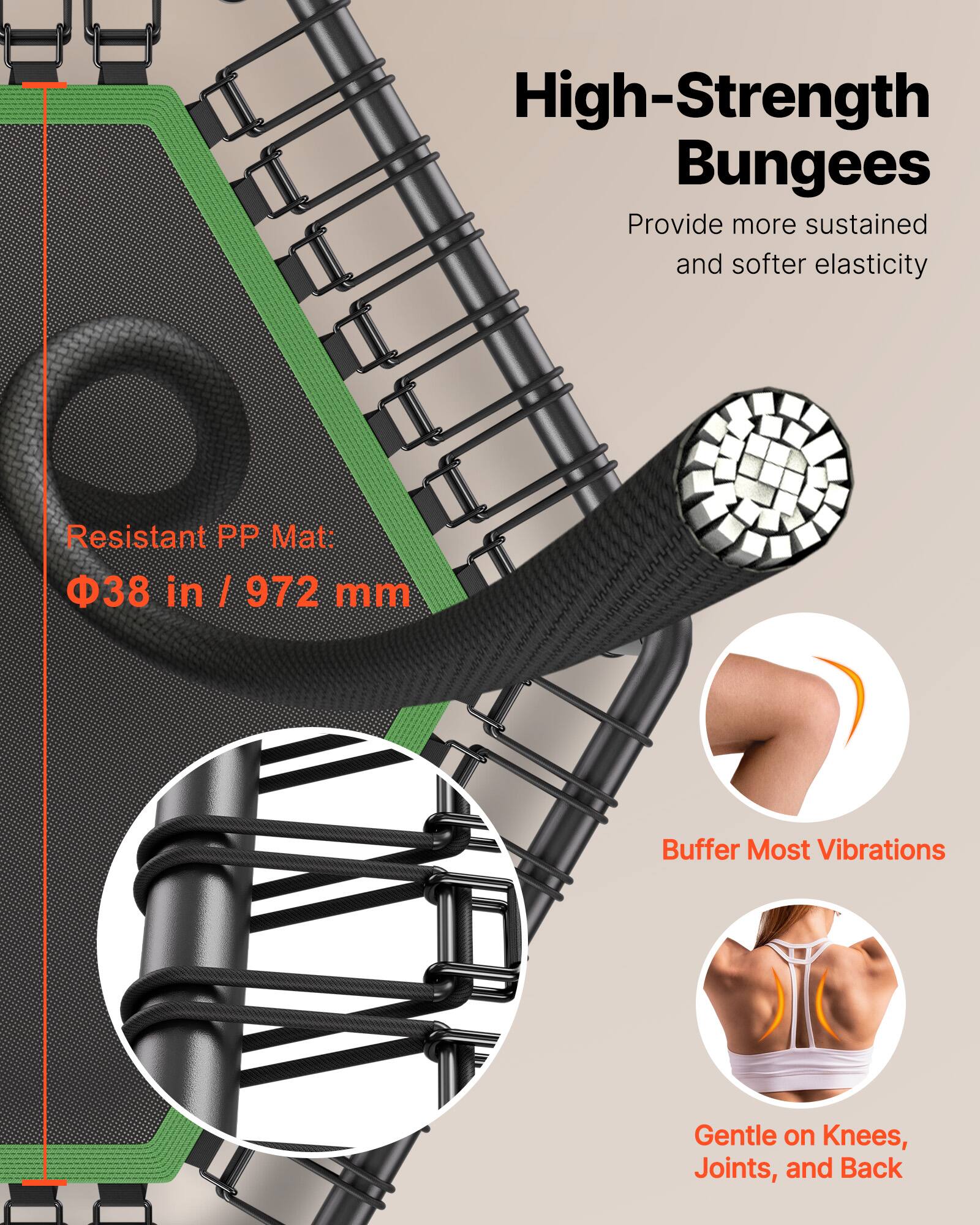 High-Strength Bungies  
Provide more sustained and softer elasticity  

Resistant PP Mat:  
Φ38 in / 972 mm  

Buffer Most Vibrations  

Gentle on Knees, Joints, and Back