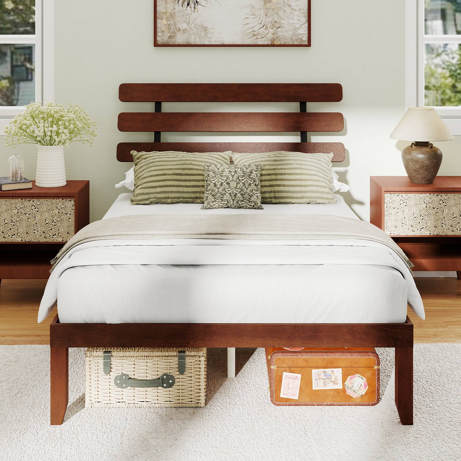 Alt View 3. Costway - Costway 15.5 Inch Full Size Bed Frame with Retro Headboard &Under-Bed Storage Space - Walnut.