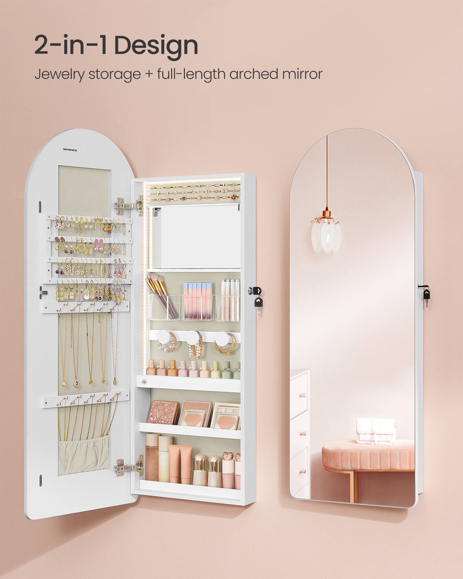 2-in-1 Design Jewelry storage + full-length arched mirror

SONGHICS