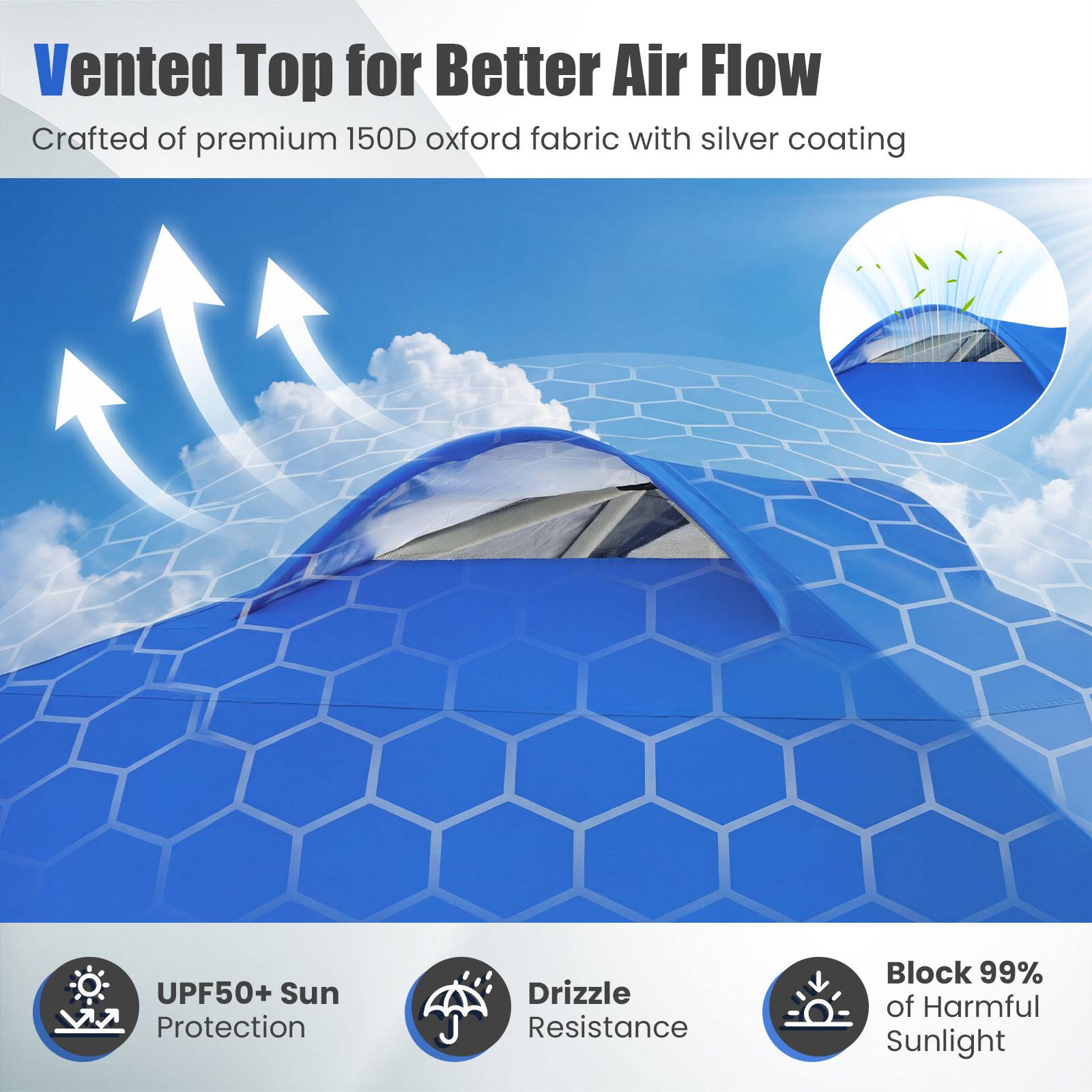 Vented Top for Better Air Flow  
Crafted of premium 150D oxford fabric with silver coating  
UPF50+ Sun Protection  
Drizzle Resistance  
Block 99% of Harmful Sunlight
