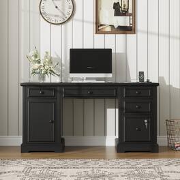 Dyonery - 59" Desk with Storage Cabinet & Power Outlet,Wood Computer Desk with Lockable File Drawer,for Work Study Writing - Black