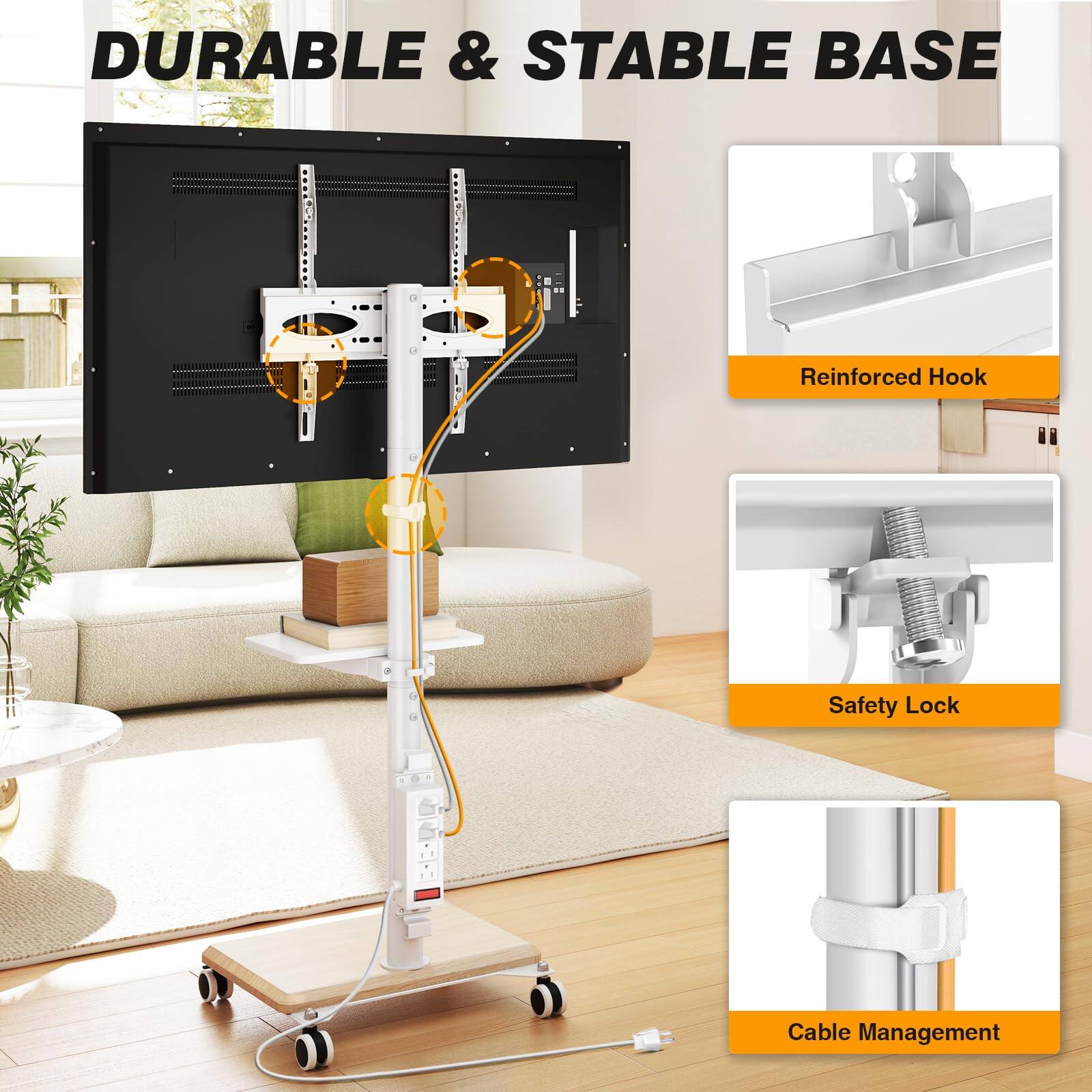 DURABLE & STABLE BASE

- Reinforced Hook
- Safety Lock
- Cable Management