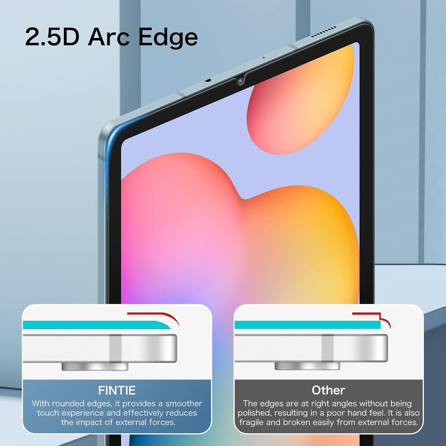 2.5D Arc Edge

FINTIE
With rounded edges, it provides a smoother touch experience and effectively reduces the impact of external forces.

Other
The edges are at right angles without being polished, resulting in a poor hand feel. It is also fragile and broken easily from external forces.