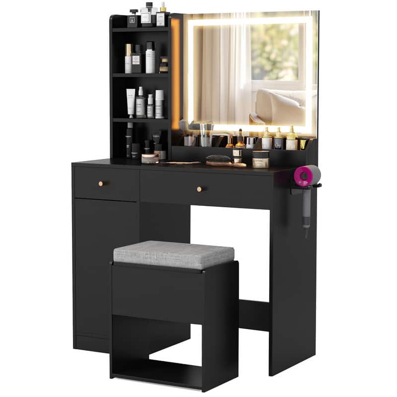 WELLFOR - Makeup Vanity Desk with Lighted Mirror & Charging Station, Vanity Table with Storage Stool, Drawers,Dressing Table - Black