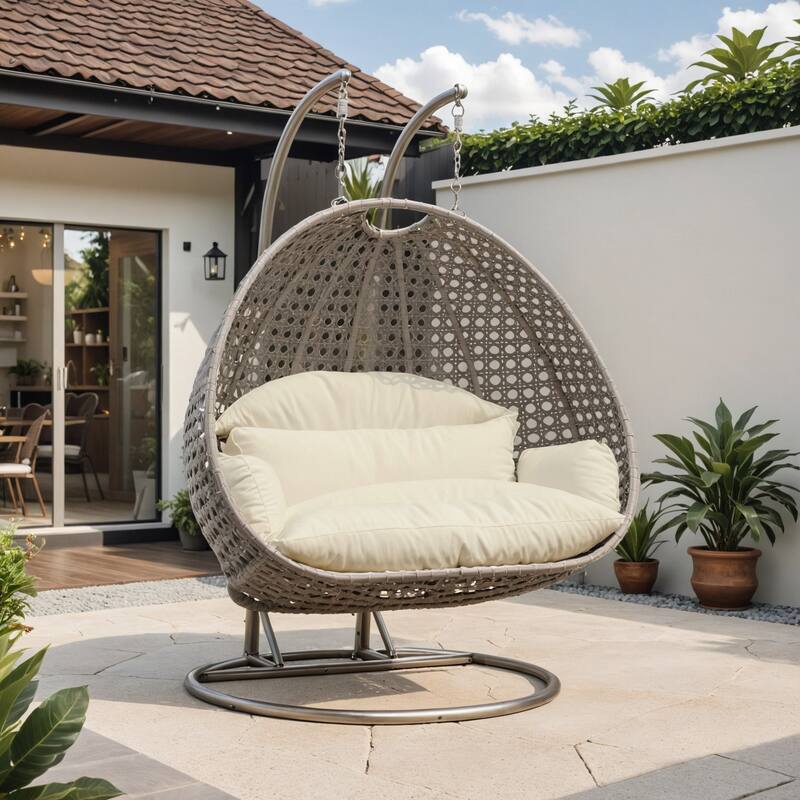 Angle. LeisureMod - Leisuremod 2-Person Wicker Egg Swing Chair with Stand & Washable Cushions - Indoor/Outdoor Double Hanging Patio Chair - Taupe.
