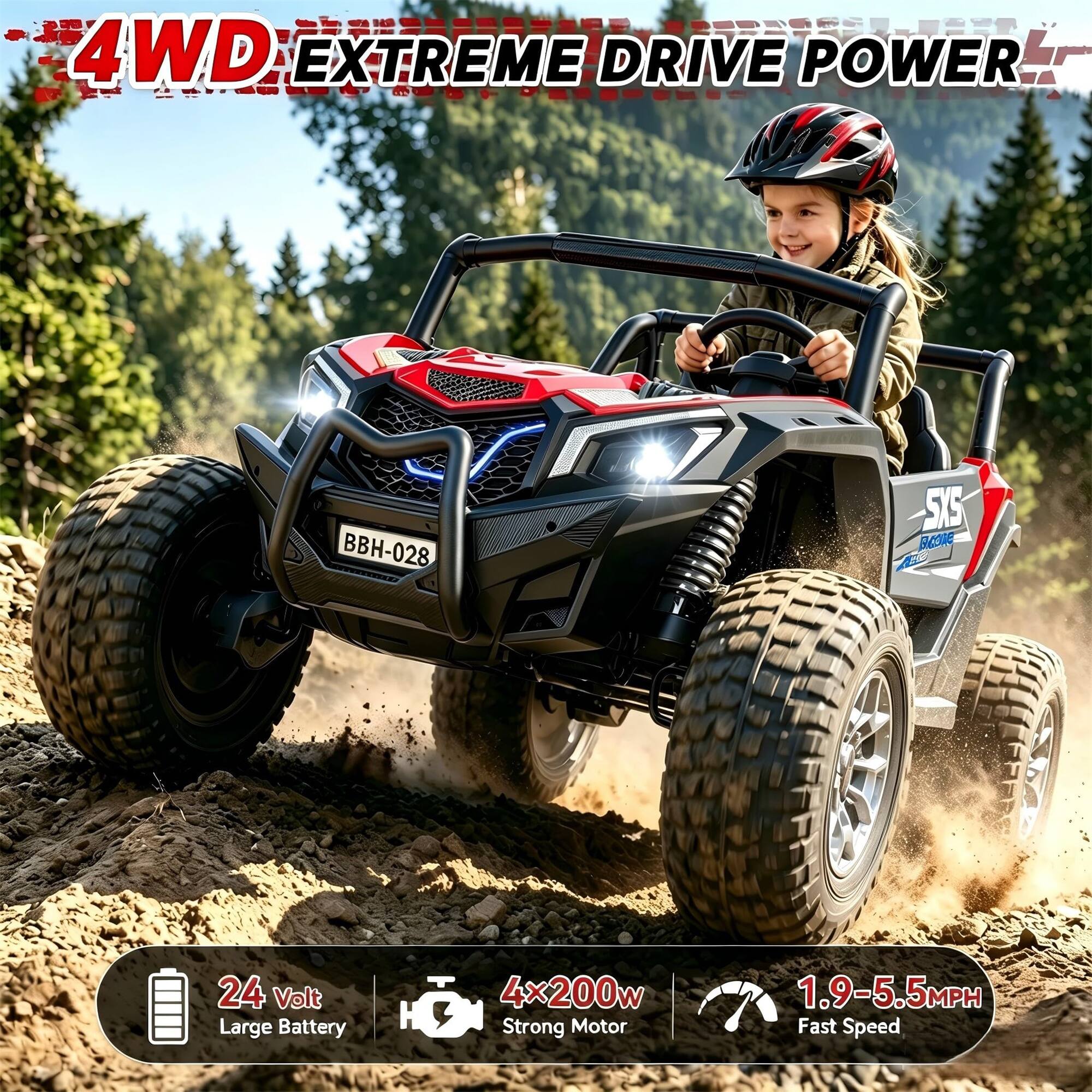 4WD EXTREME DRIVE POWER

BBH-028

SUS ABC

24 Volt Large Battery

4x200w Strong Motor

1.9-5.5MPH Fast Speed