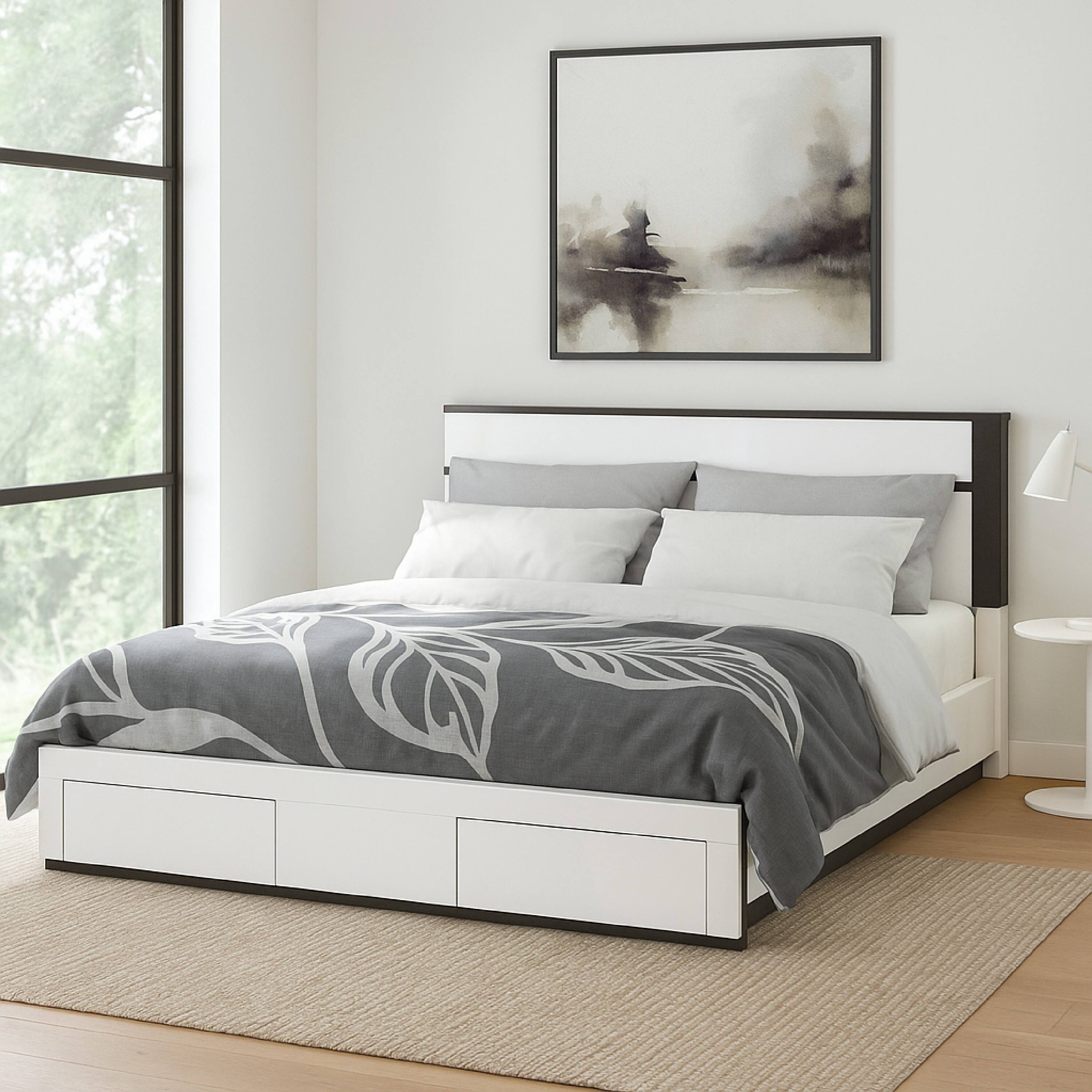 Alt View 5. Manhattan Lane - Kena King Size Bed, White Gray Panel Headboard, Low Profile Footboard - White, Metallic Gray.