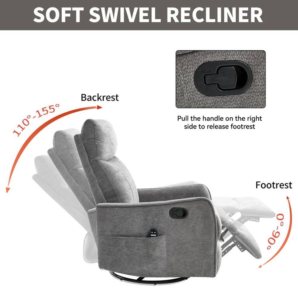 SOFT SWIVEL RECLINER

Backrest: 110°-155°

Footrest: 0°-90°

Pull the handle on the right side to release footrest