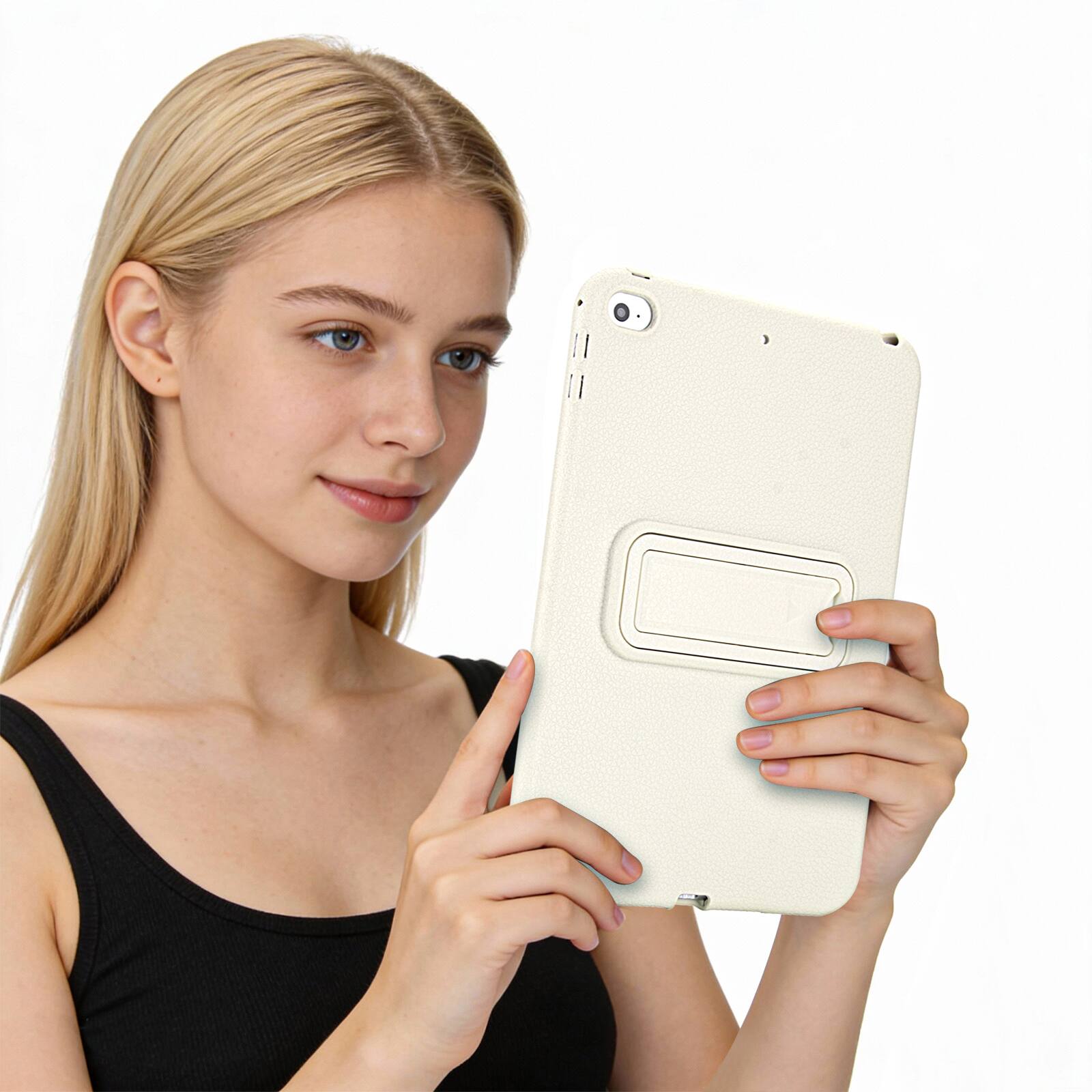Alt View 3. Dteck - Shockproof Case for Apple iPad mini (5th Generation) 2019, Slim Leather Texture Protective Cover with Folding Kickstand - White.