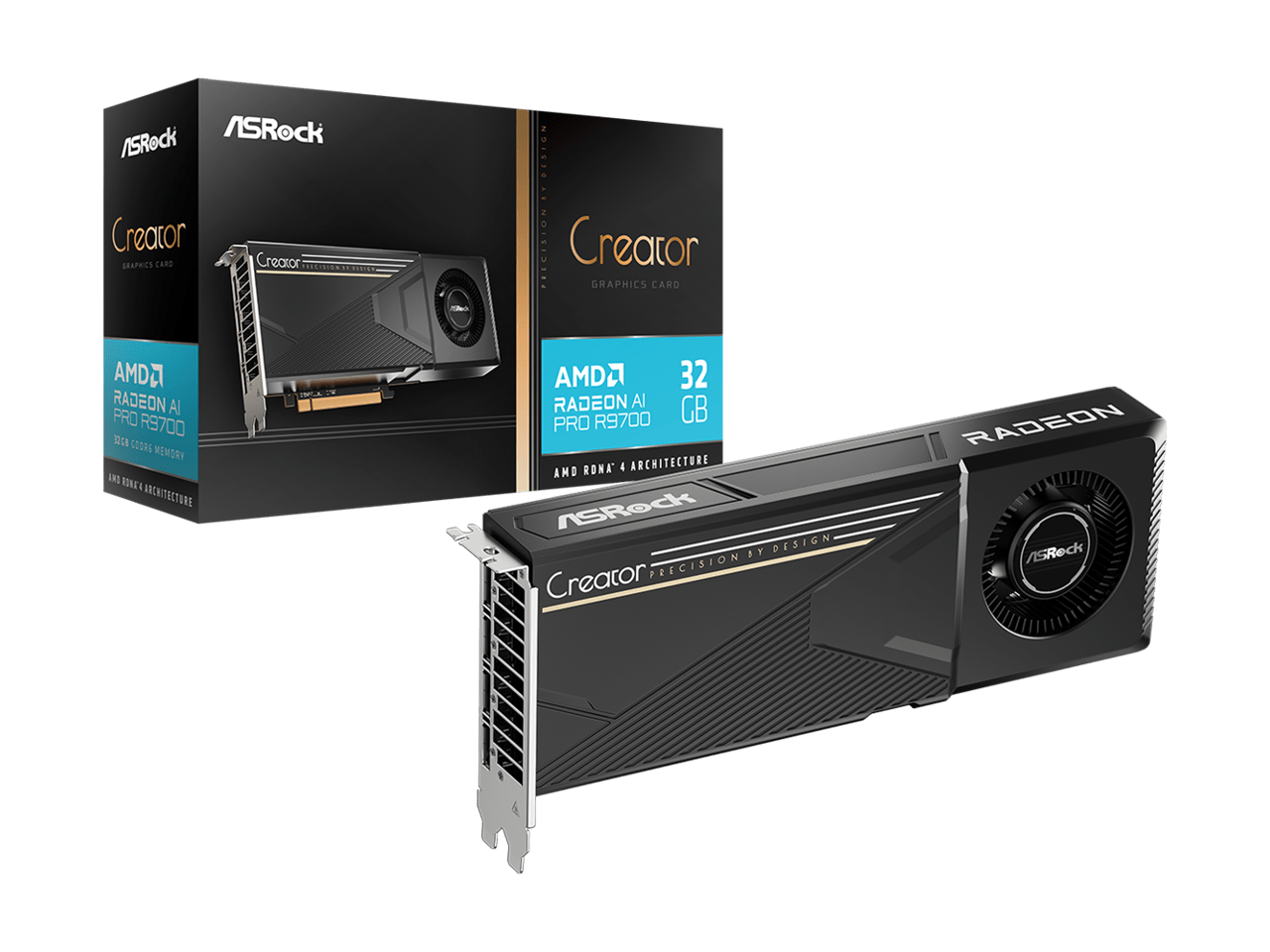 ASRock Creator Graphics Card  
AMD Radeon AI Pro R9700  
32 GB GDDR6 Memory  
AMD RDNA 4 Architecture  
Creator Precision by Design