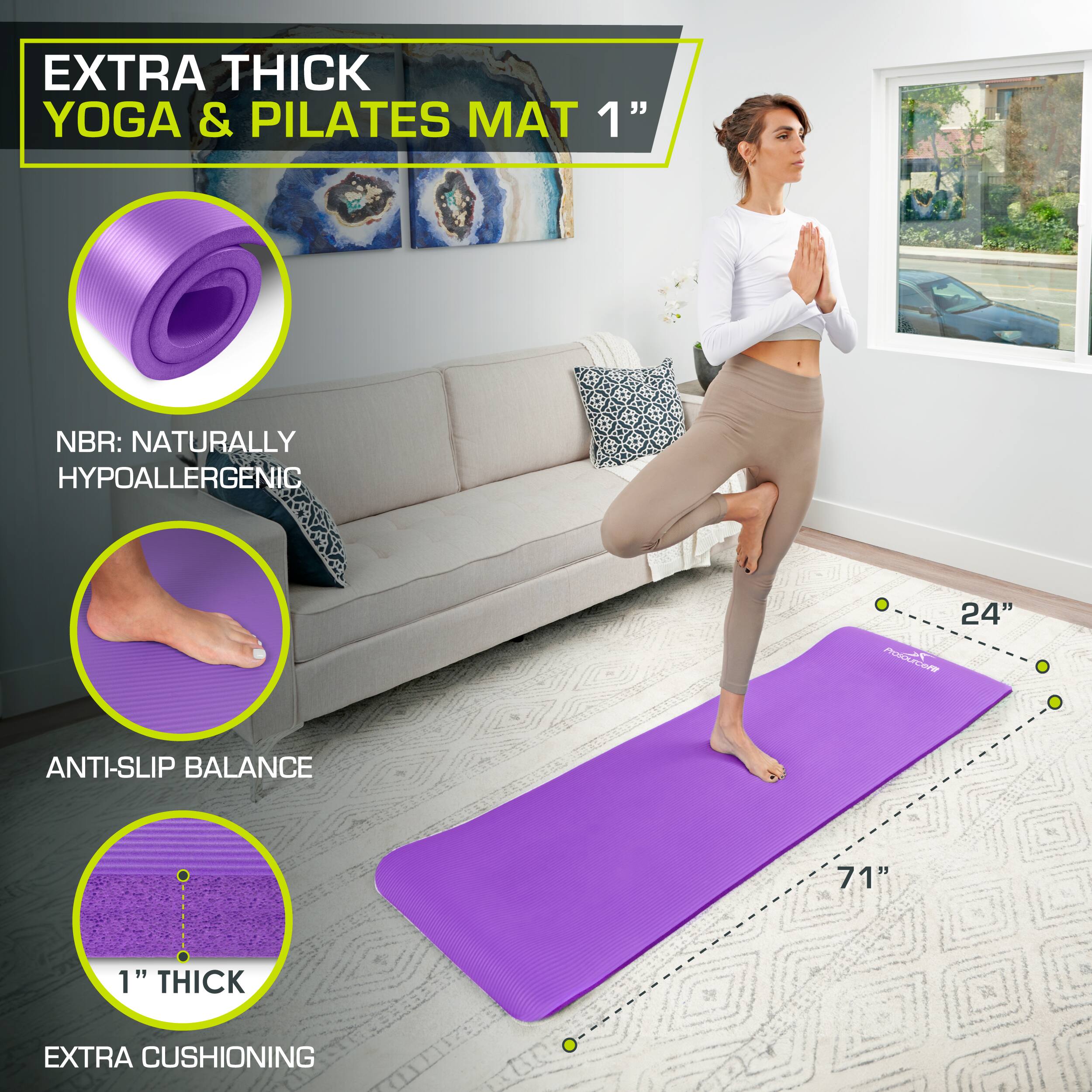 EXTRA THICK YOGA & PILATES MAT 1" NBR: NATURALLY HYPOALLERGENIC 24" ANTI-SLIP BALANCE 71" 1" THICK EXTRA CUSHIONING