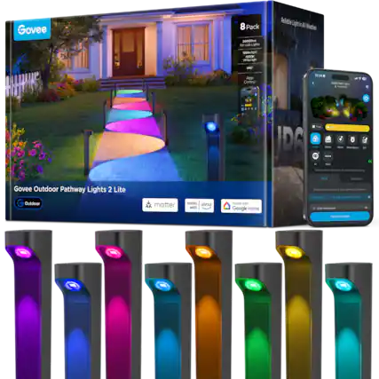 Govee 8 Pack 2000 Lumen LED Lights Reliable Light in All Weather 190kmligh OOCK White Light M? App Control: 12:24 - 4 * H. OBC 1 Cemactad - se IDA F Sana - - Saos - - Chasa - - - - - h aTs - Sunserto Govee Outdoor Pathway Lights 2 Lite G Outdoor matter works alexa with works with Google Home Cama - - - Lams - - - sg 1 - 1a - y corr B