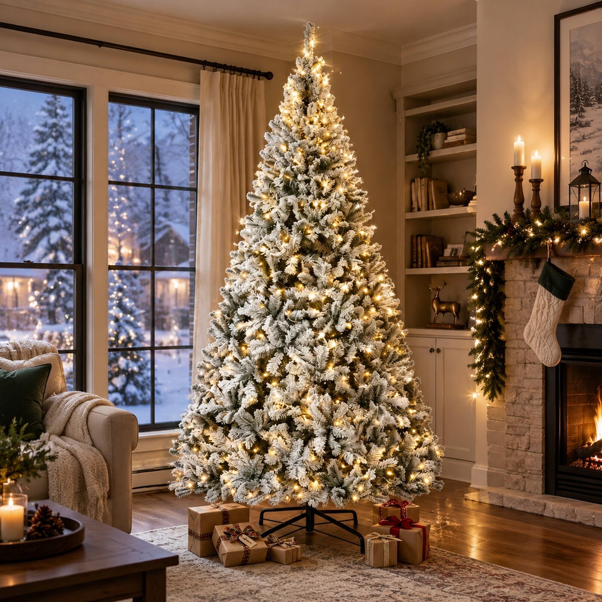 Left. RYHNUYNE - 9FT Pre-Lit Flocked Fraser Fir Christmas Tree With LED Lights and Hinged Branches, Foldable Metal Base - Green.