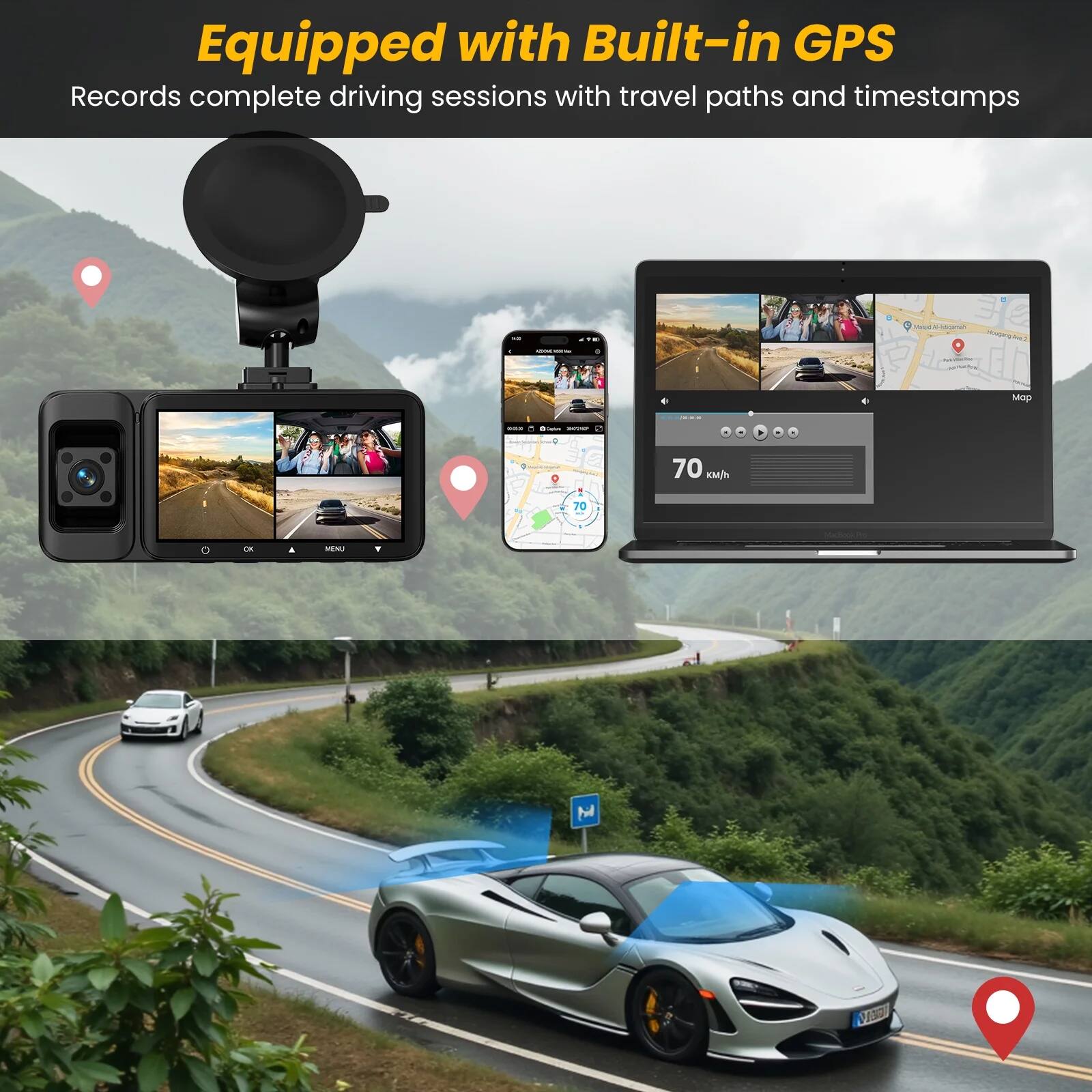 Equipped with Built-in GPS  
Records complete driving sessions with travel paths and timestamps