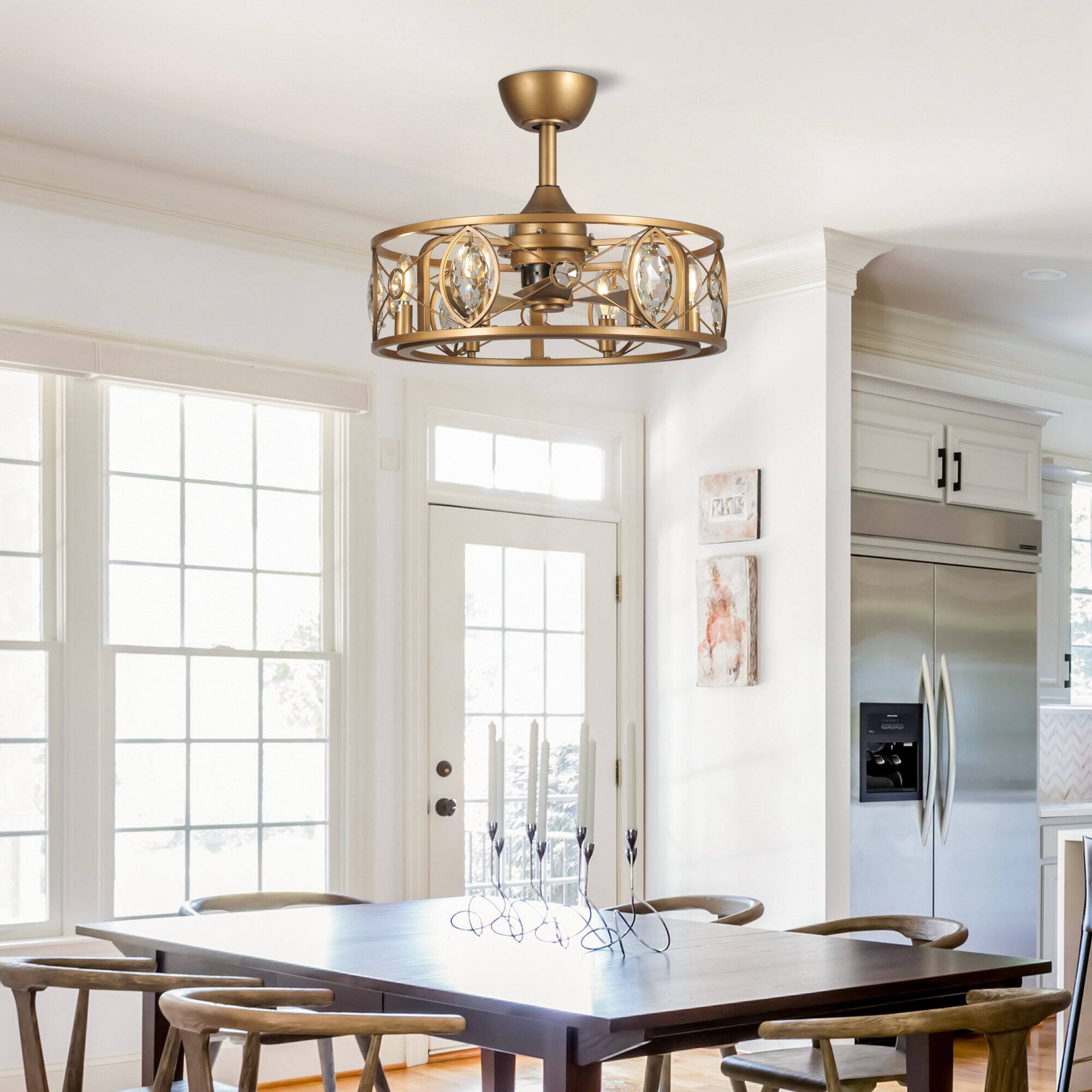 Angle. Parrot Uncle - 22" Antique Brass Crystal Caged Ceiling Fan Chandelier with Remote and Light Kit - Brass.