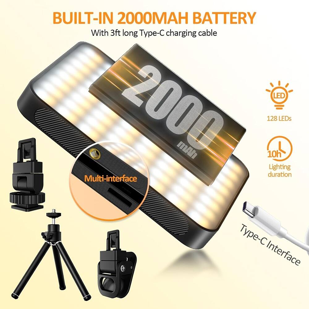 BUILT-IN 2000MAH BATTERY  
With 3ft long Type-C charging cable  

128 LEDs  
10h Lighting duration  

Multi-interface  
Type-C Interface