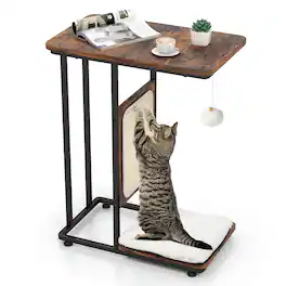 Gymax - Cat Tree & C- Shaped Cat Side Table w/ Scratching Board Hanging Toy Rustic Brown