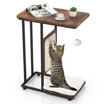 Front. Gymax - Gymax Cat Tree & C- Shaped Cat Side Table w/ Scratching Board Hanging Toy Rustic Brown.