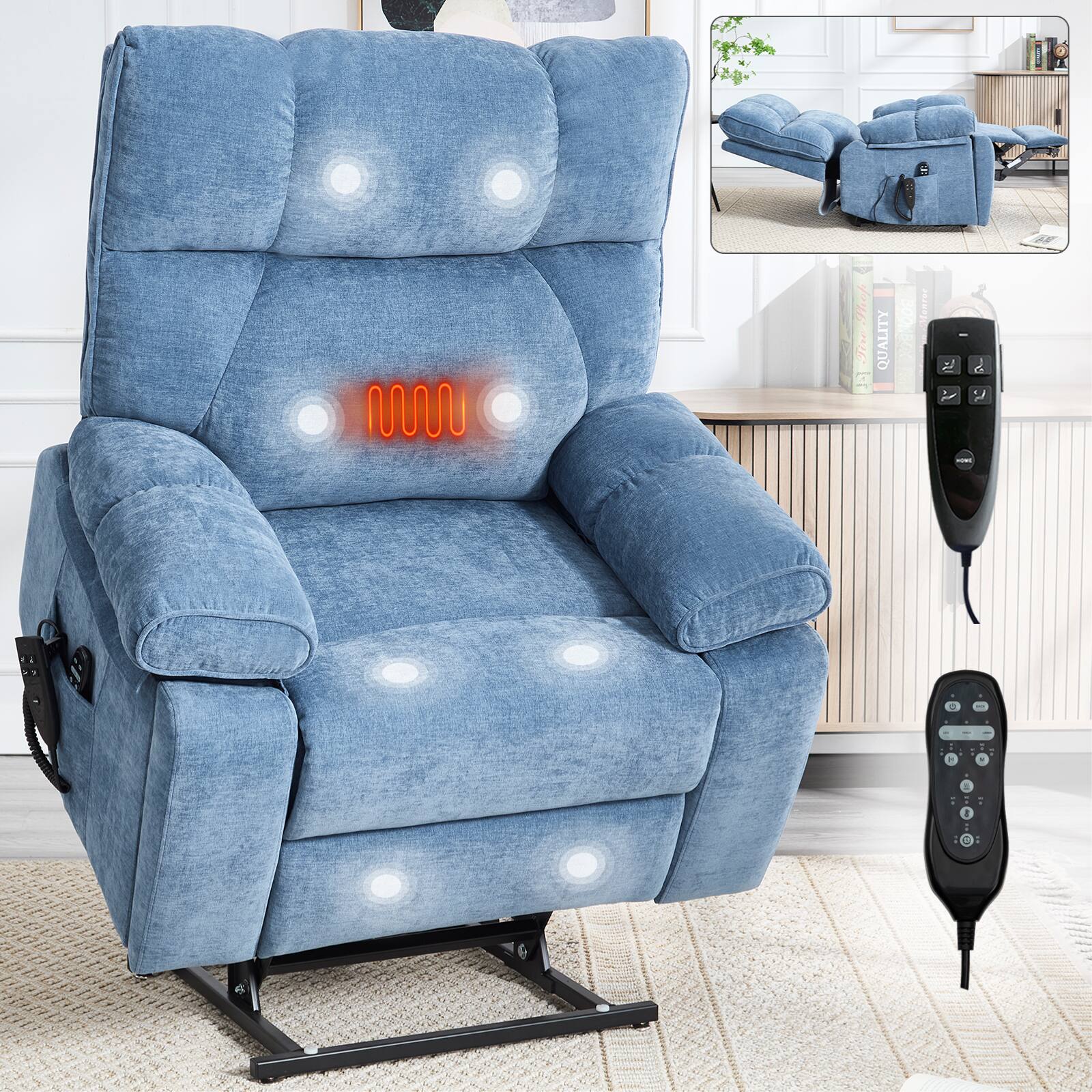 Front. AENKYO - Heat Massage Dual Motor Power Lift Massage Recliners Chair with Hidden Cup Holders - Blue.