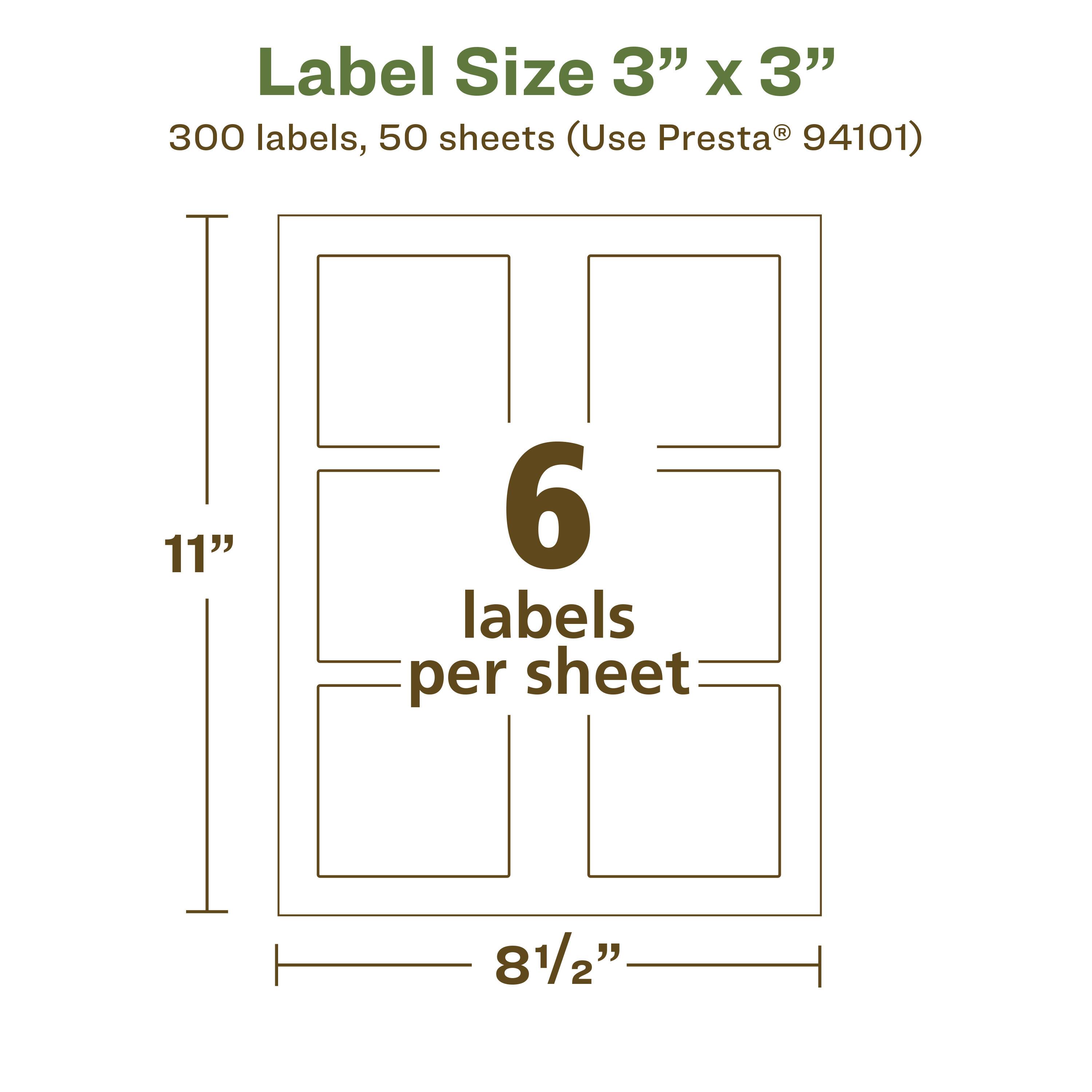 Label Size 3" x 3"  
300 labels, 50 sheets (Use Presta® 94101)  
6 labels per sheet  
11" x 8½"