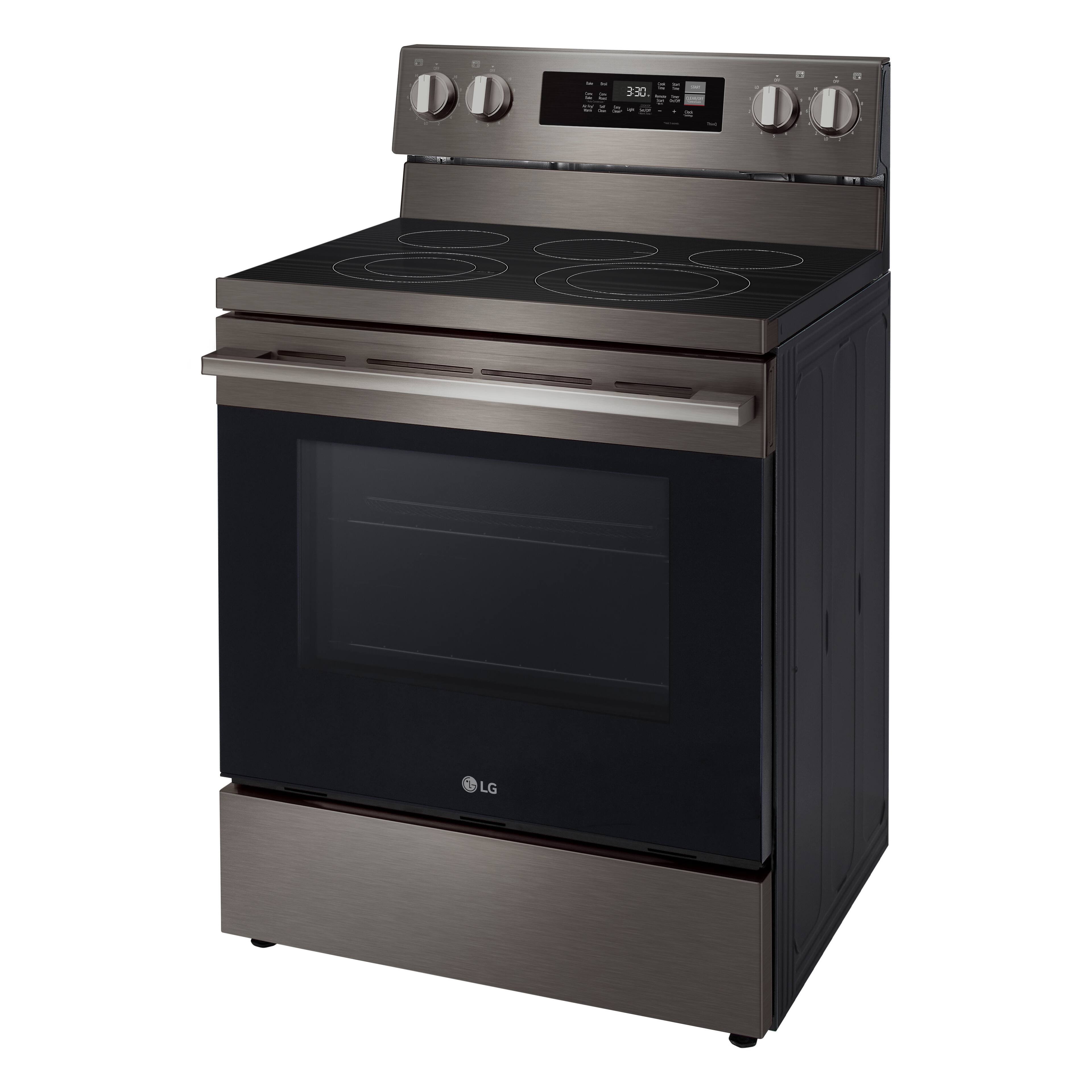 Left. LG - 6.3 Cu. Ft. Freestanding Electric True Convection Smart Range with Air Fry and Premium Handle - PrintProof Black Stainless Steel.