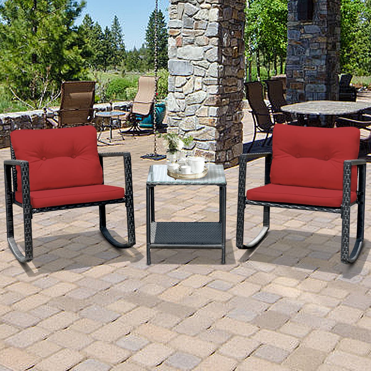 Gymax - 3PCS Rattan Rocking Chair Table Set Patio Furniture Set w/ Burgundy Cushions - as pic