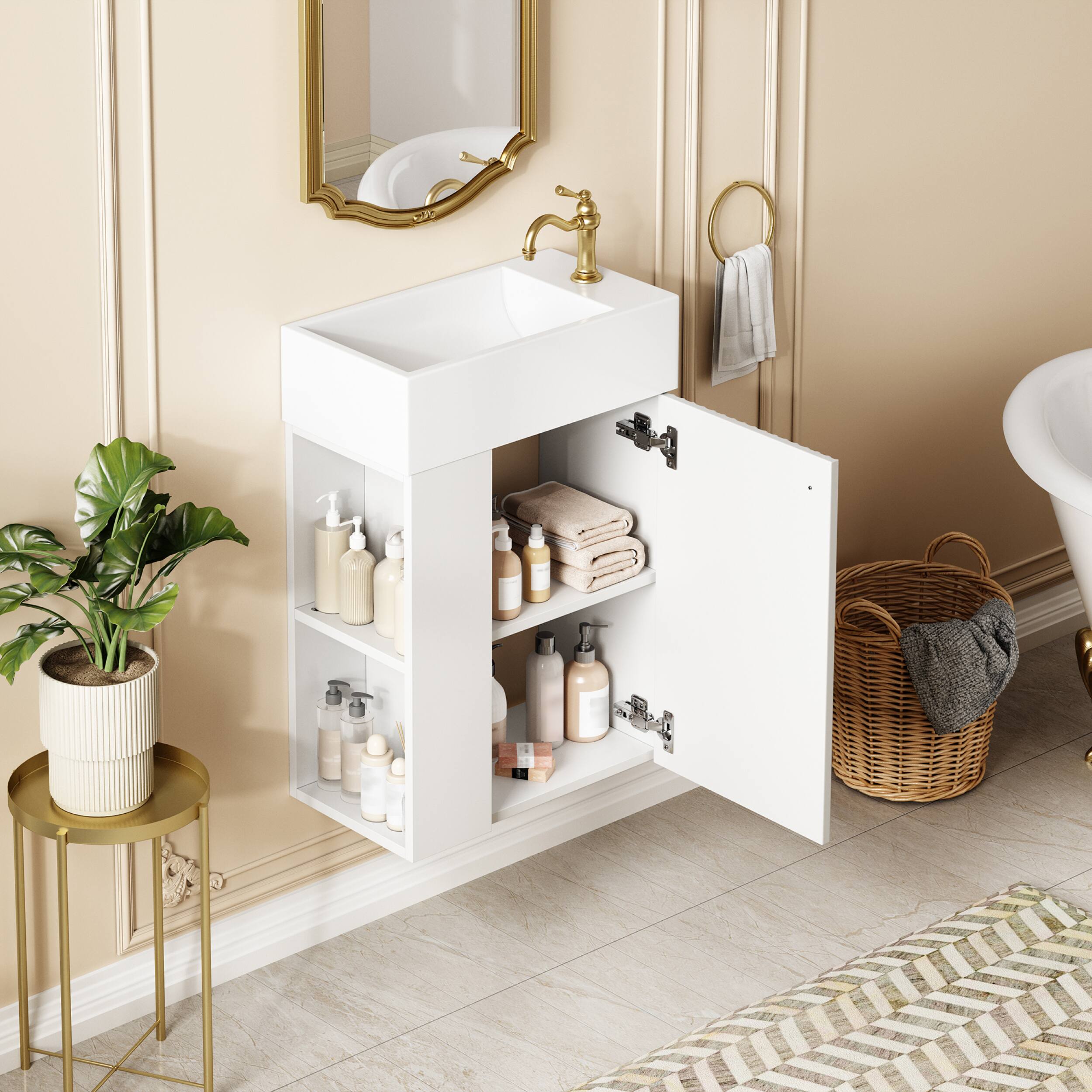 Left. ELEMENT ACE - Compact Floating Bathroom Vanity with Integrated Storage and Resin Basin - Ideal for Small Spaces - White.