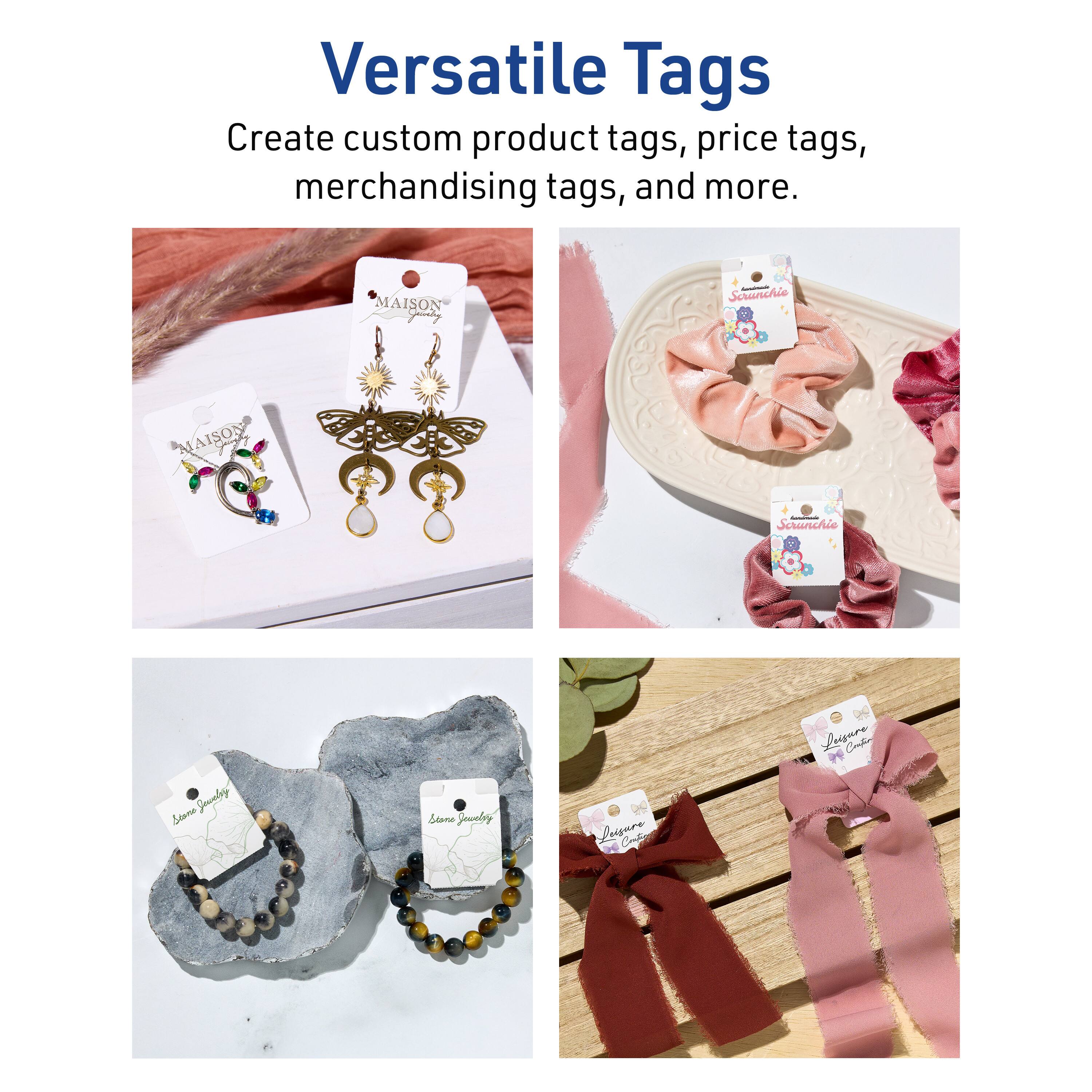 Versatile Tags  
Create custom product tags, price tags, merchandising tags, and more.

MAISON M  
Scrunchie  
MAISON 125  
Scrunchie  
Sounley Stane  
Stane Jovelny  
Lessure 2  
Conbe edd  
Luigure Code